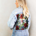 Distressed Denim Jacket w/ Floral Sequin Mesh Back & Pocket Accents