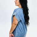 Acid Washed Denim Top w/ Pearl Sleeve Embellishment