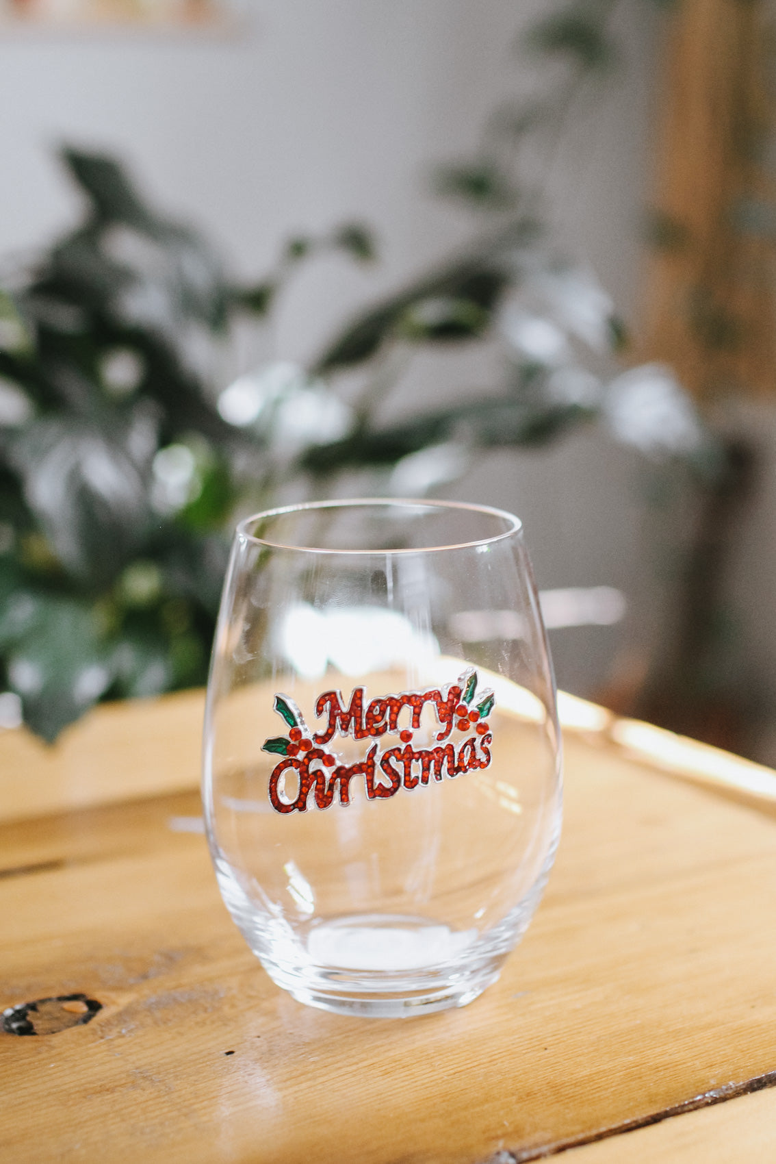 Merry Christmas Rhinestone Stemless Wine Glass