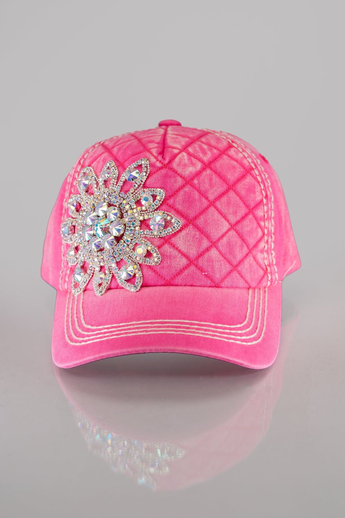 AB Rhinestone Flower Quilted Baseball Hat