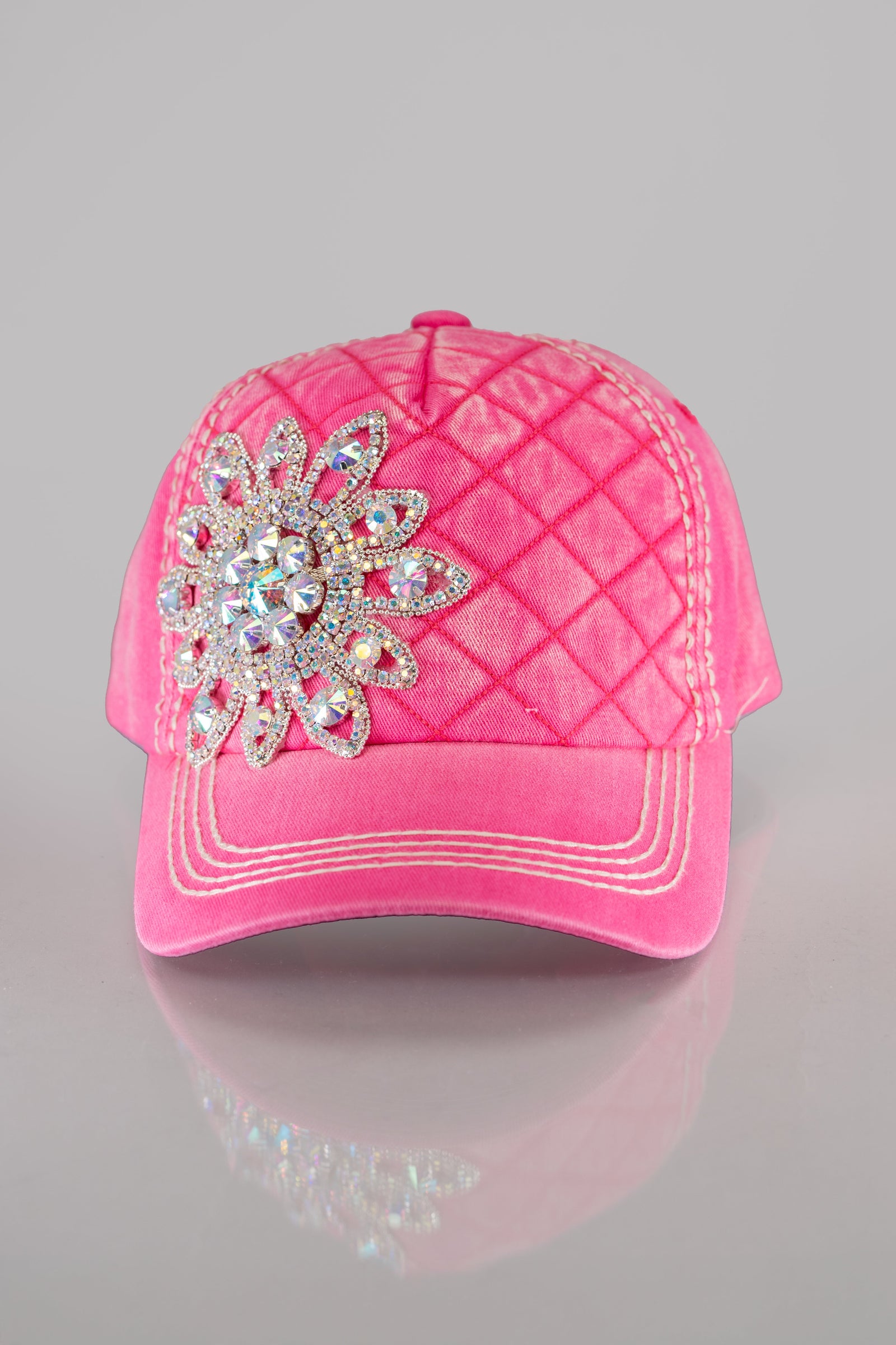 AB Rhinestone Flower Quilted Baseball Hat