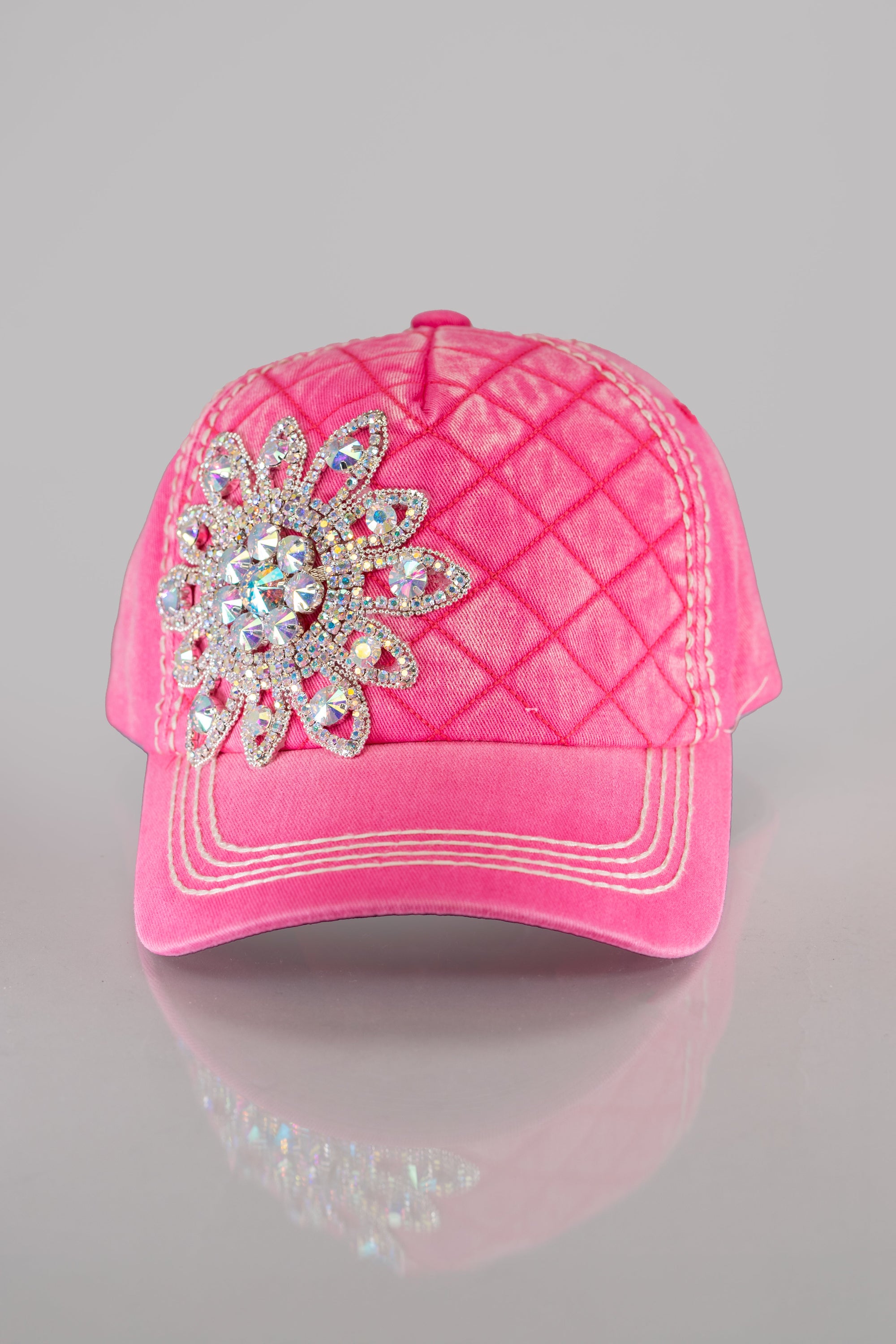 AB Rhinestone Flower Quilted Baseball Hat