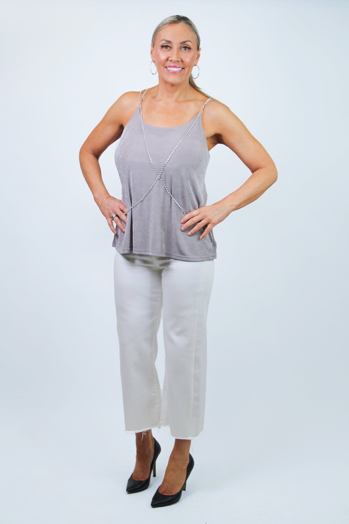 Slinky Knit Sleeveless Top w/ Rhinestone Straps &amp; Front Detail (SALE)