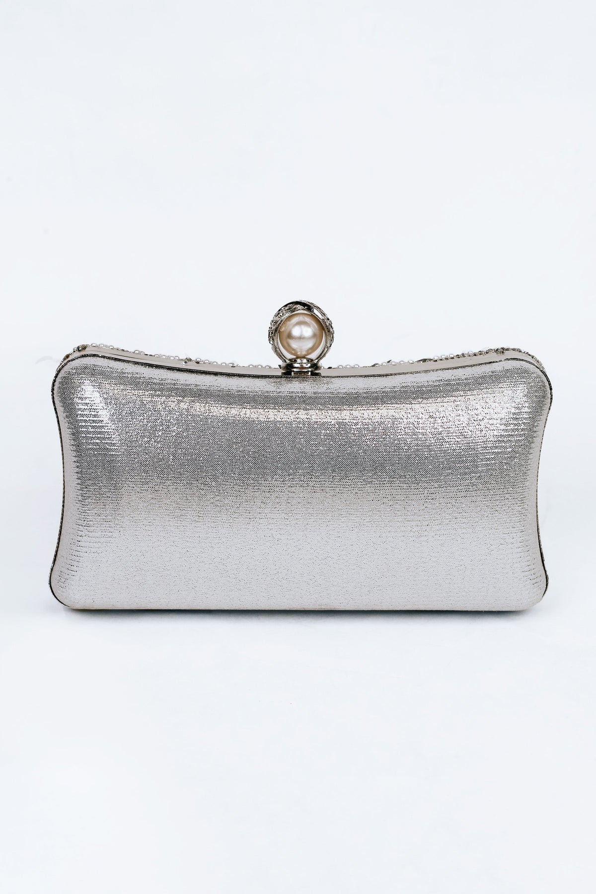 Shimmery Pearl & Metal Design Clutch w/ Pearl & Rhinestone Closure