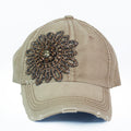 AB Rhinestone Flower Distressed Baseball Hat