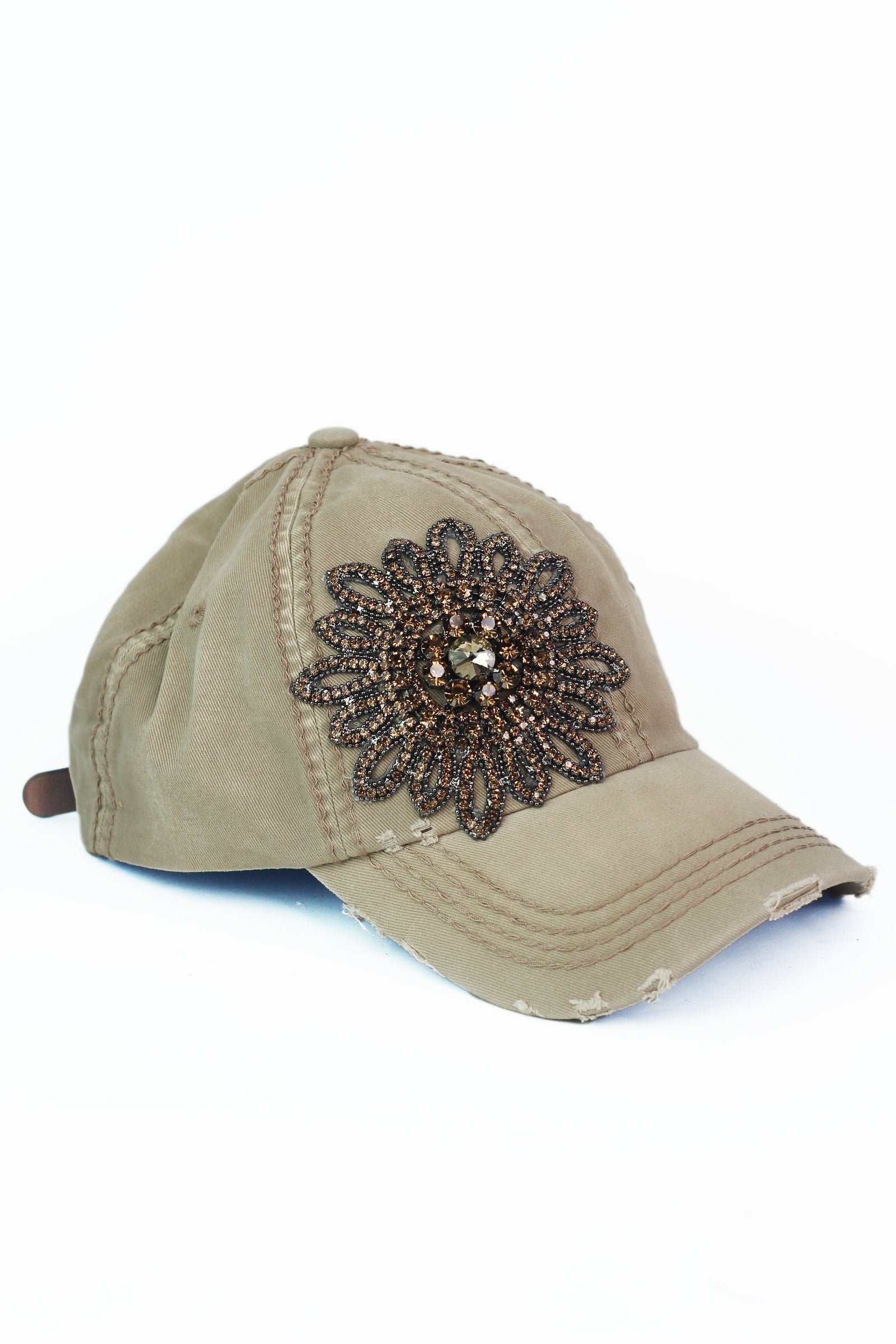 AB Rhinestone Flower Distressed Baseball Hat