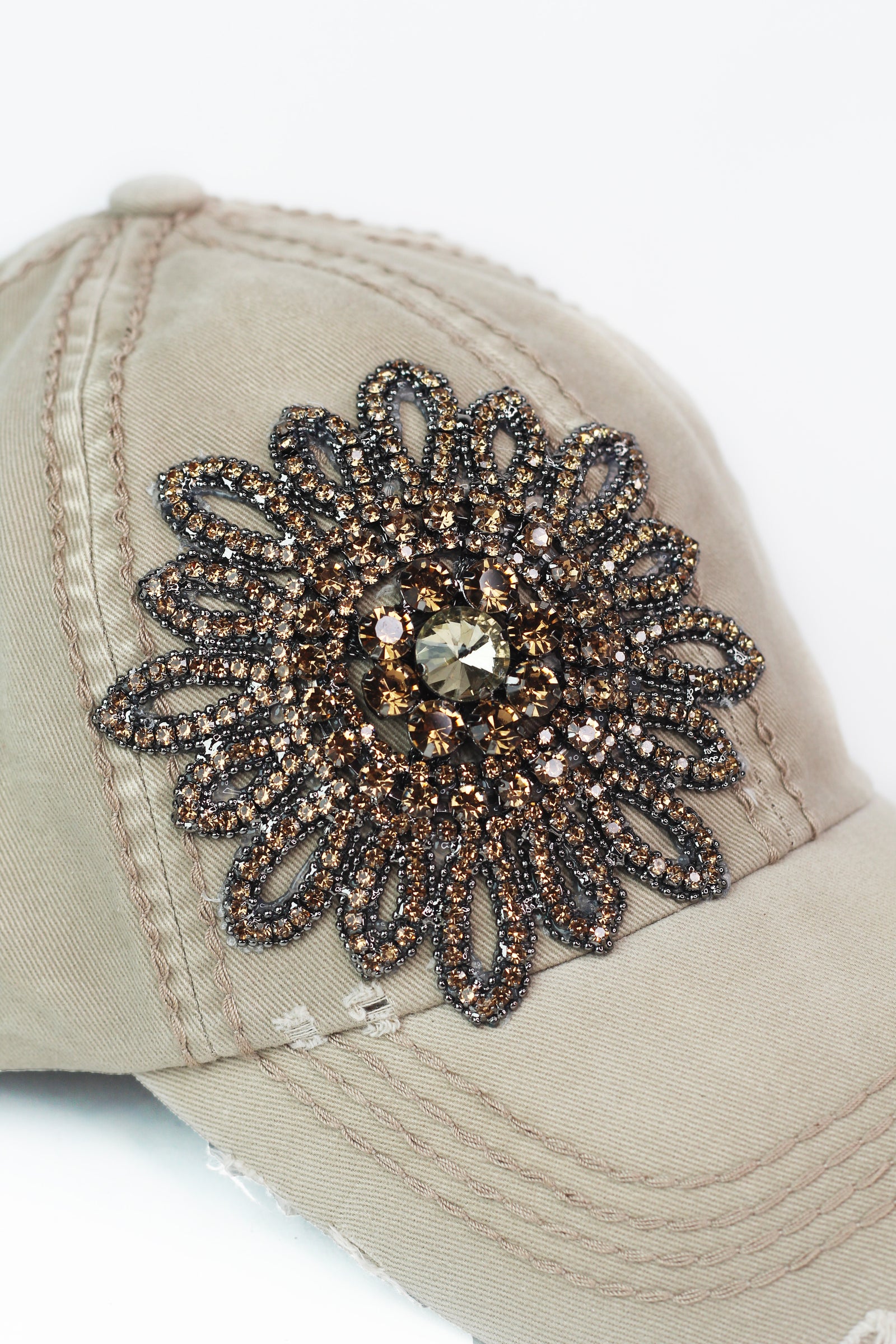 AB Rhinestone Flower Distressed Baseball Hat
