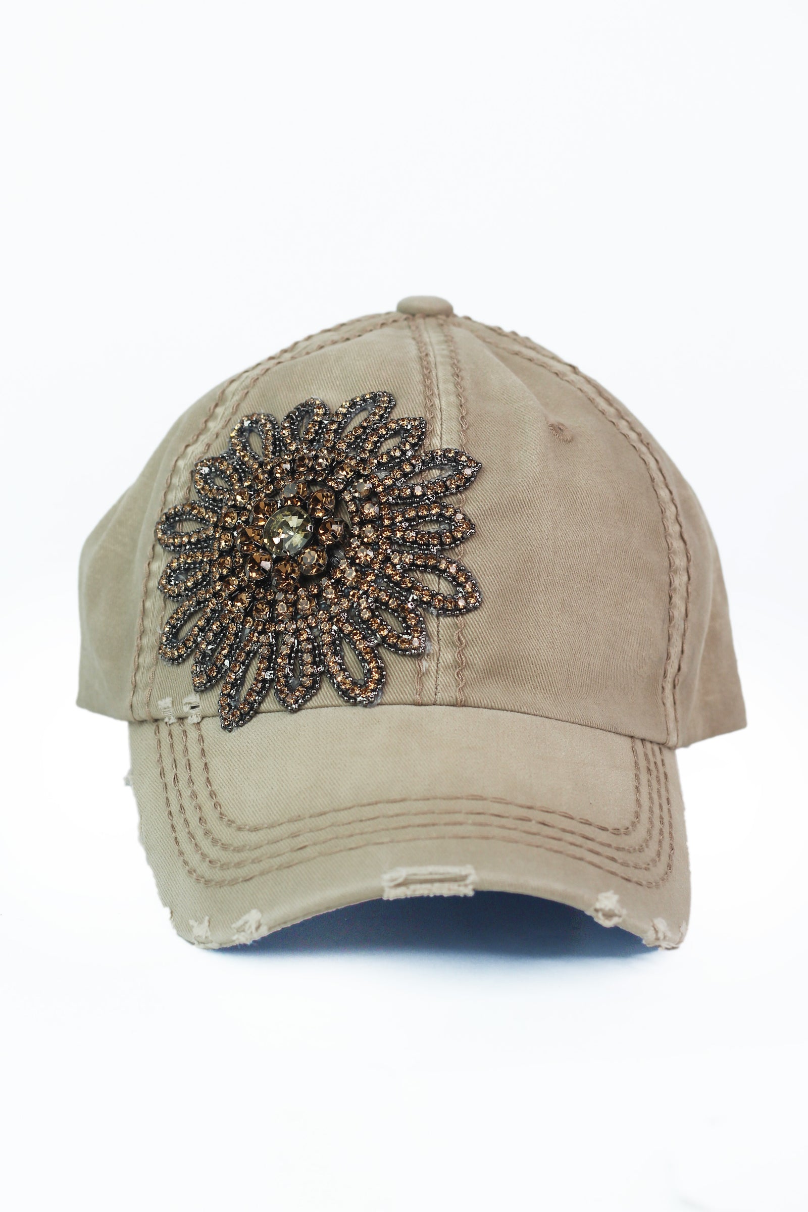 AB Rhinestone Flower Distressed Baseball Hat