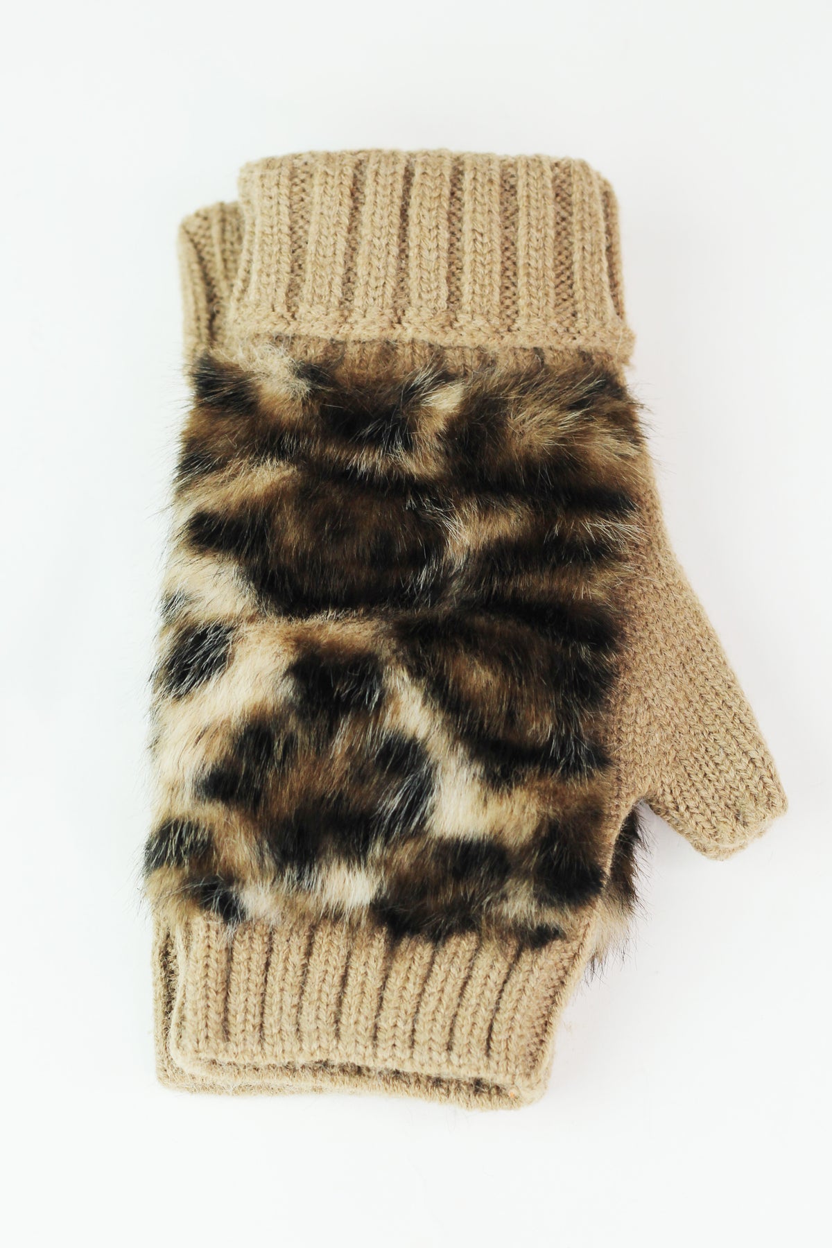 Leopard Faux Fur &amp; Knit Fingerless Gloves