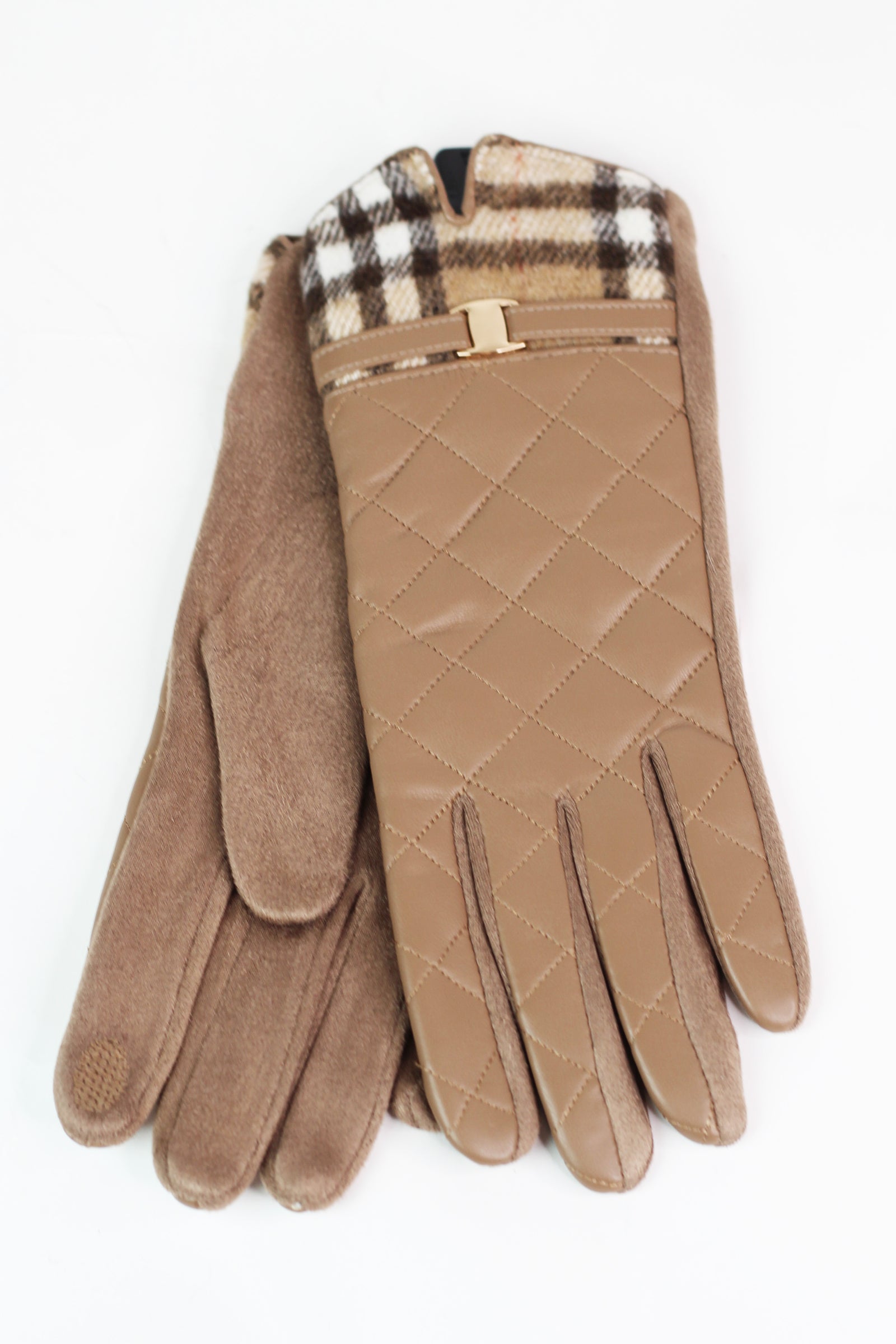 Quilted Faux Leather Gloves w/ Plaid Trim