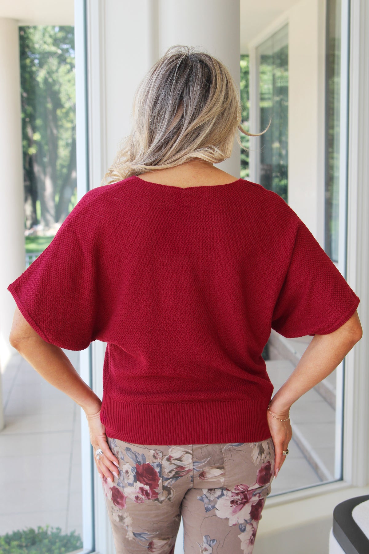 Short Dolman Sleeve V-Neck Waffle Knit Sweater