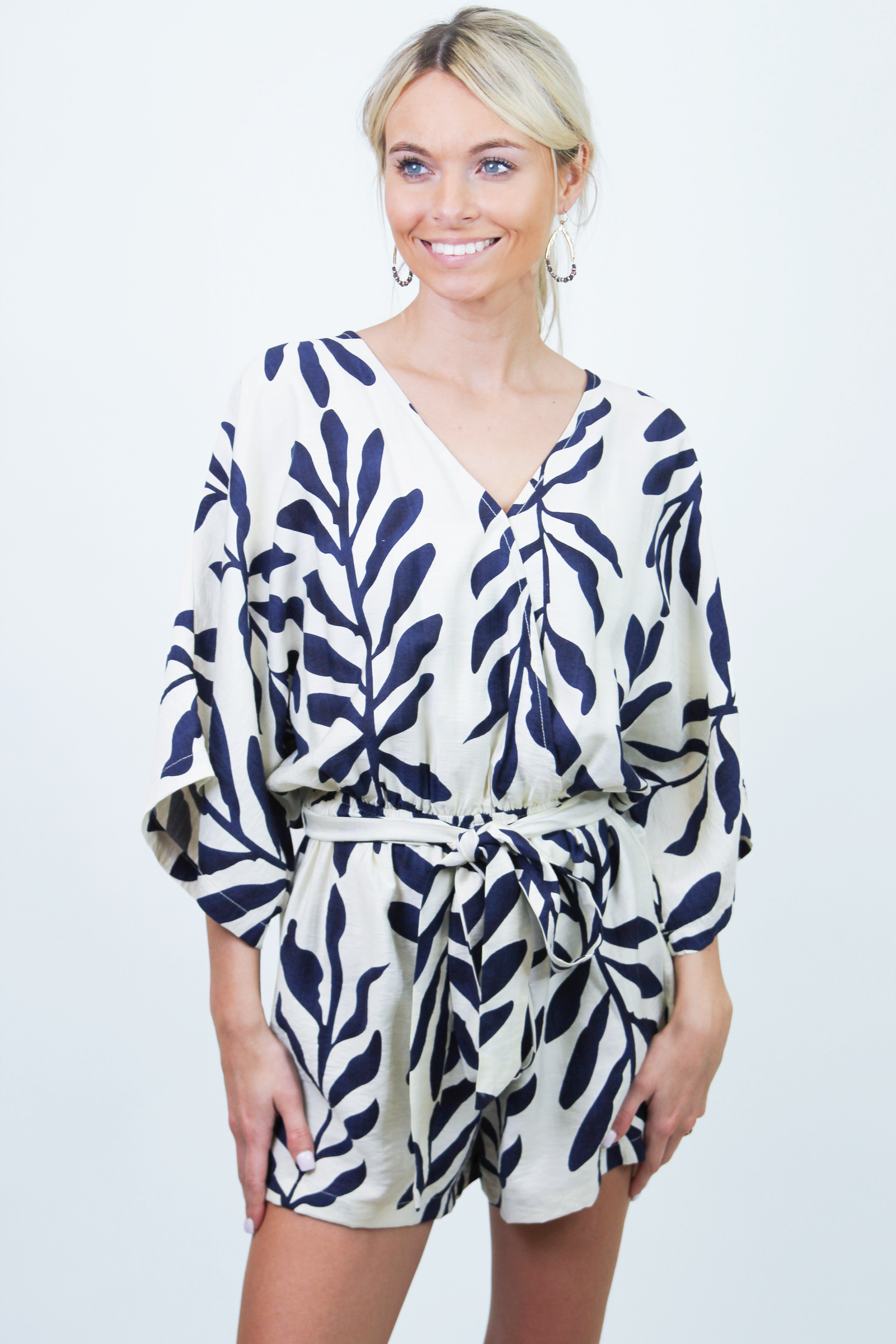 Kimono Sleeve Elastic Waist Belted Romper(Sale)