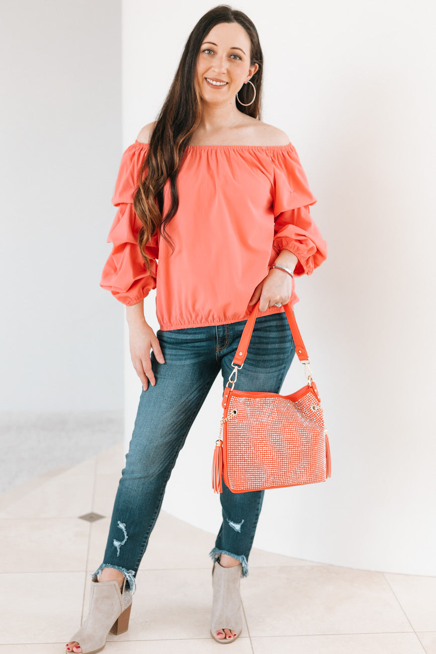Off The Shoulder Blouse With Cinched Sleeve