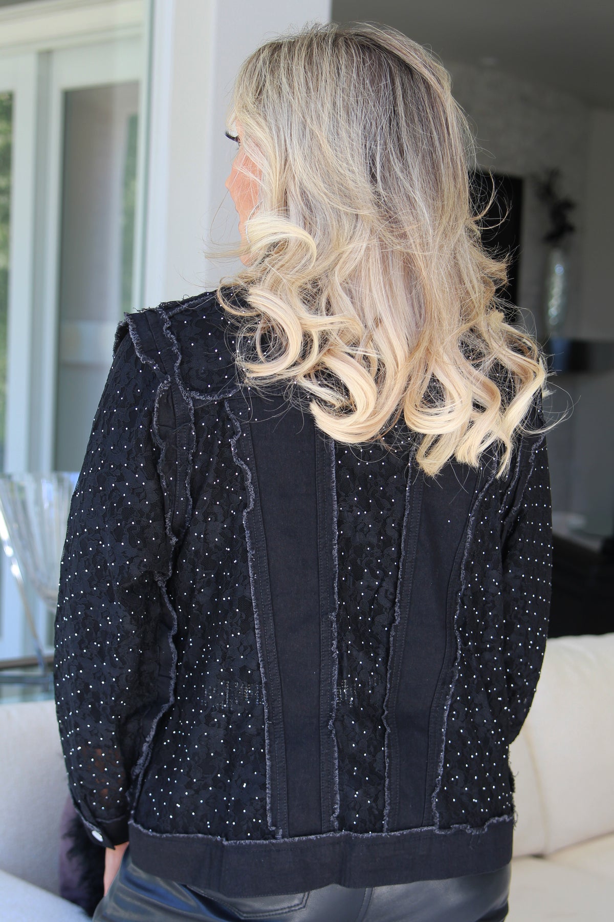 Sheer Lace & Denim Jacket w/ Rhinestone Accents
