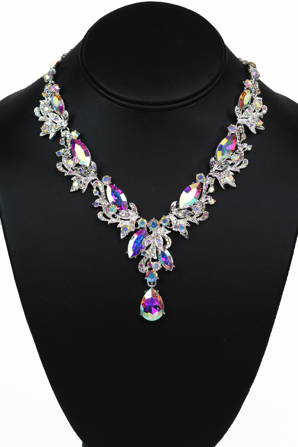 Large Marquis Rhinestones &amp; Pave Leaves &amp; Dangling Teardrop Necklace - Glitz &amp; Ears Boutique