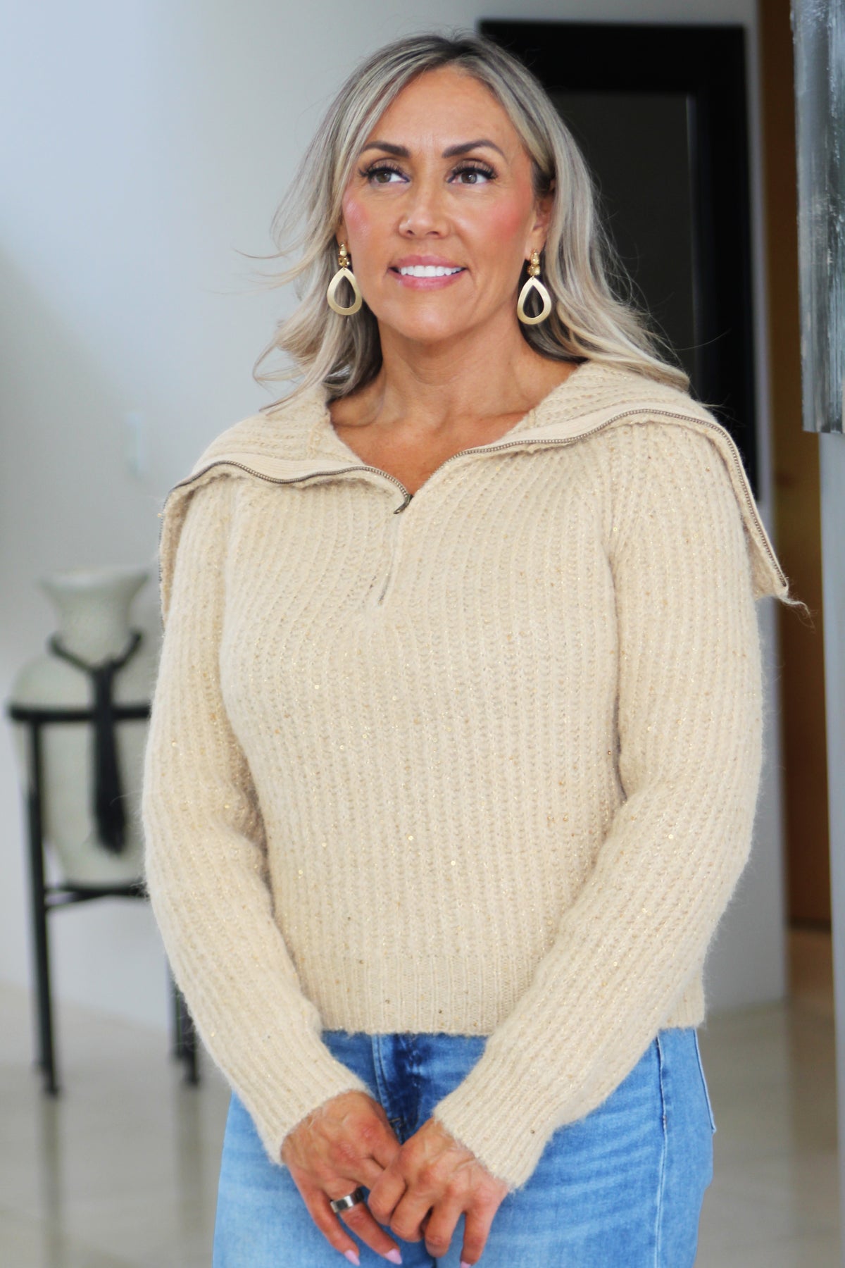 Half Zip Neckline Sequin Sweater