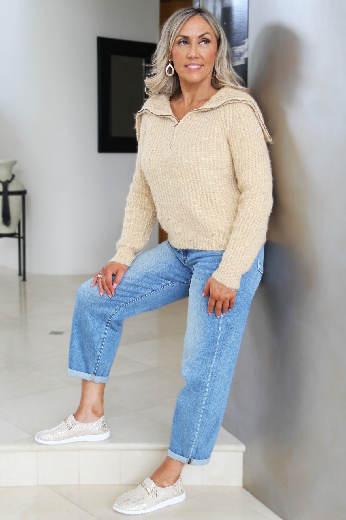 Half Zip Neckline Sequin Sweater