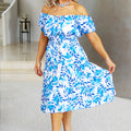 Leaf Print Button Front Tiered Dress w/ Elastic Neckline Sleeves & Waist