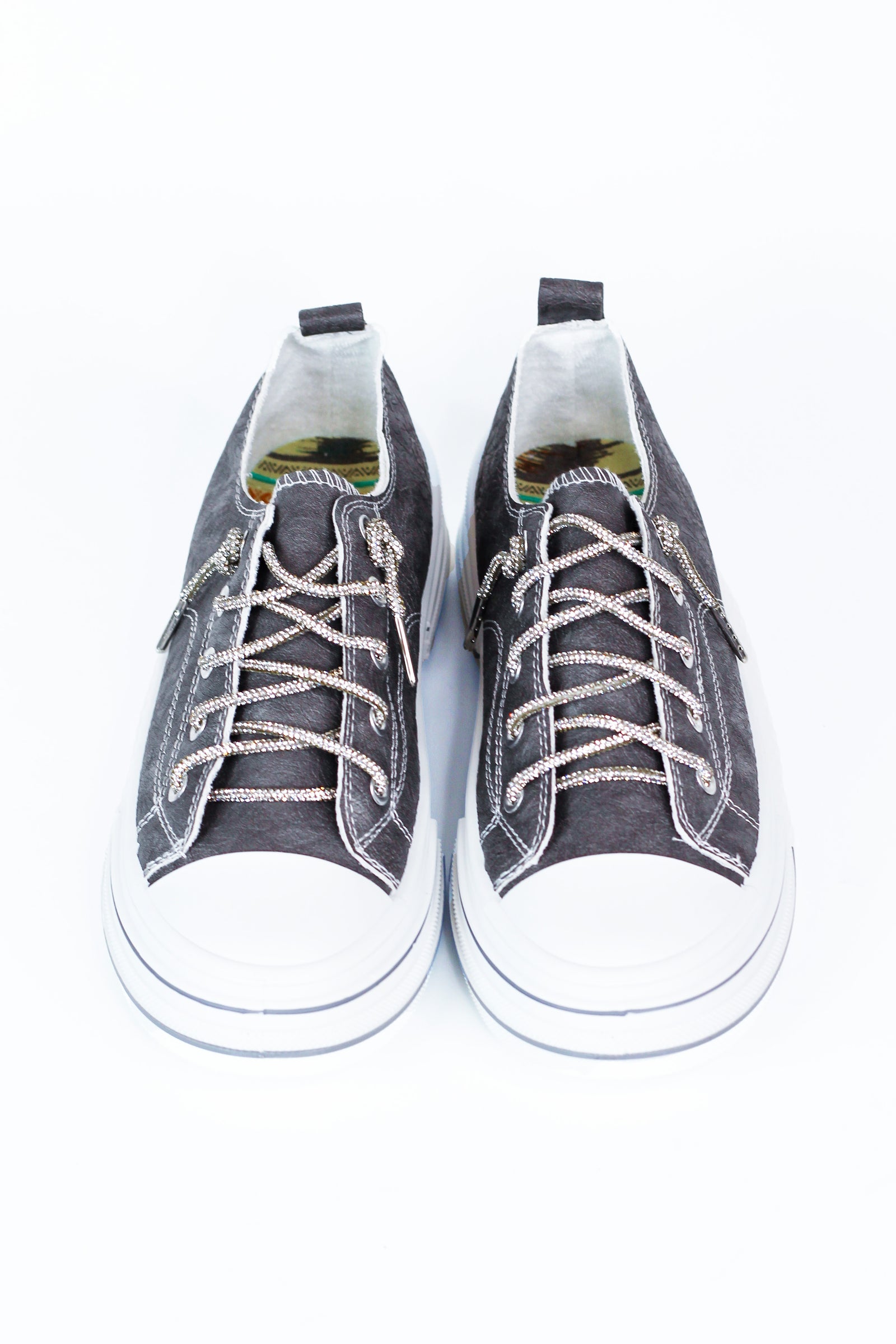 Textured Gray Leather Striped Sole Glitter Lace Sneaker