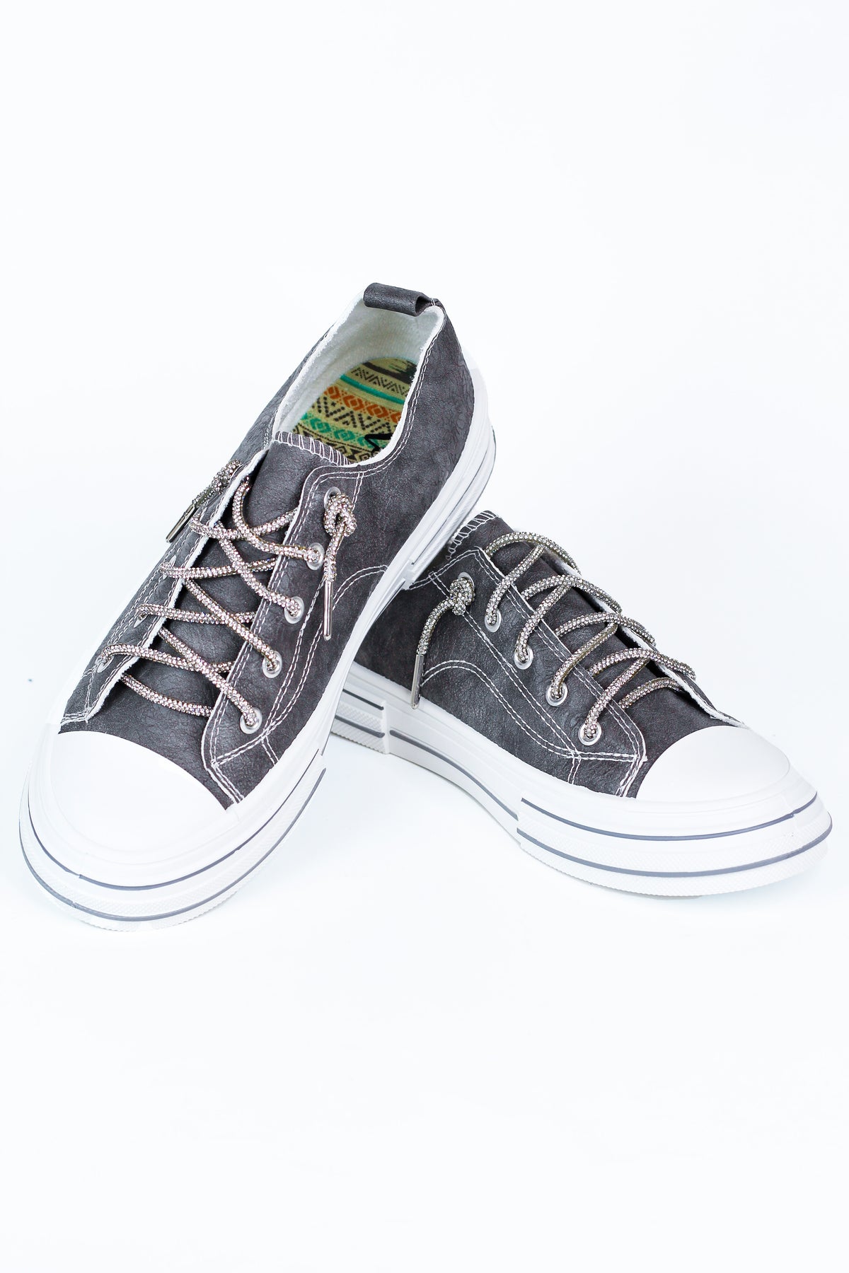 Textured Gray Leather Striped Sole Glitter Lace Sneaker