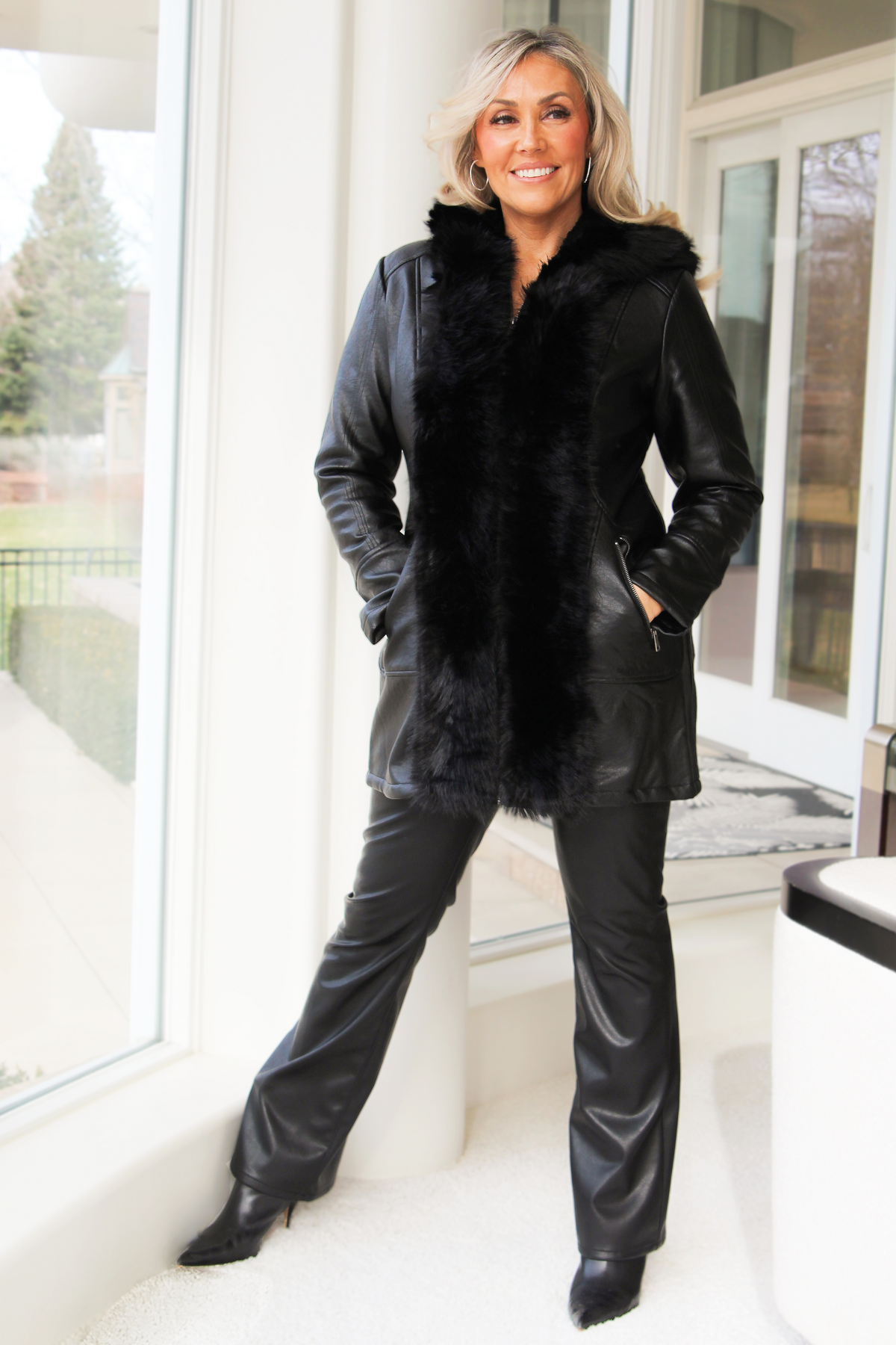 Hooded Fur Trimmed Vegan Leather 3/4 Winter Jacket