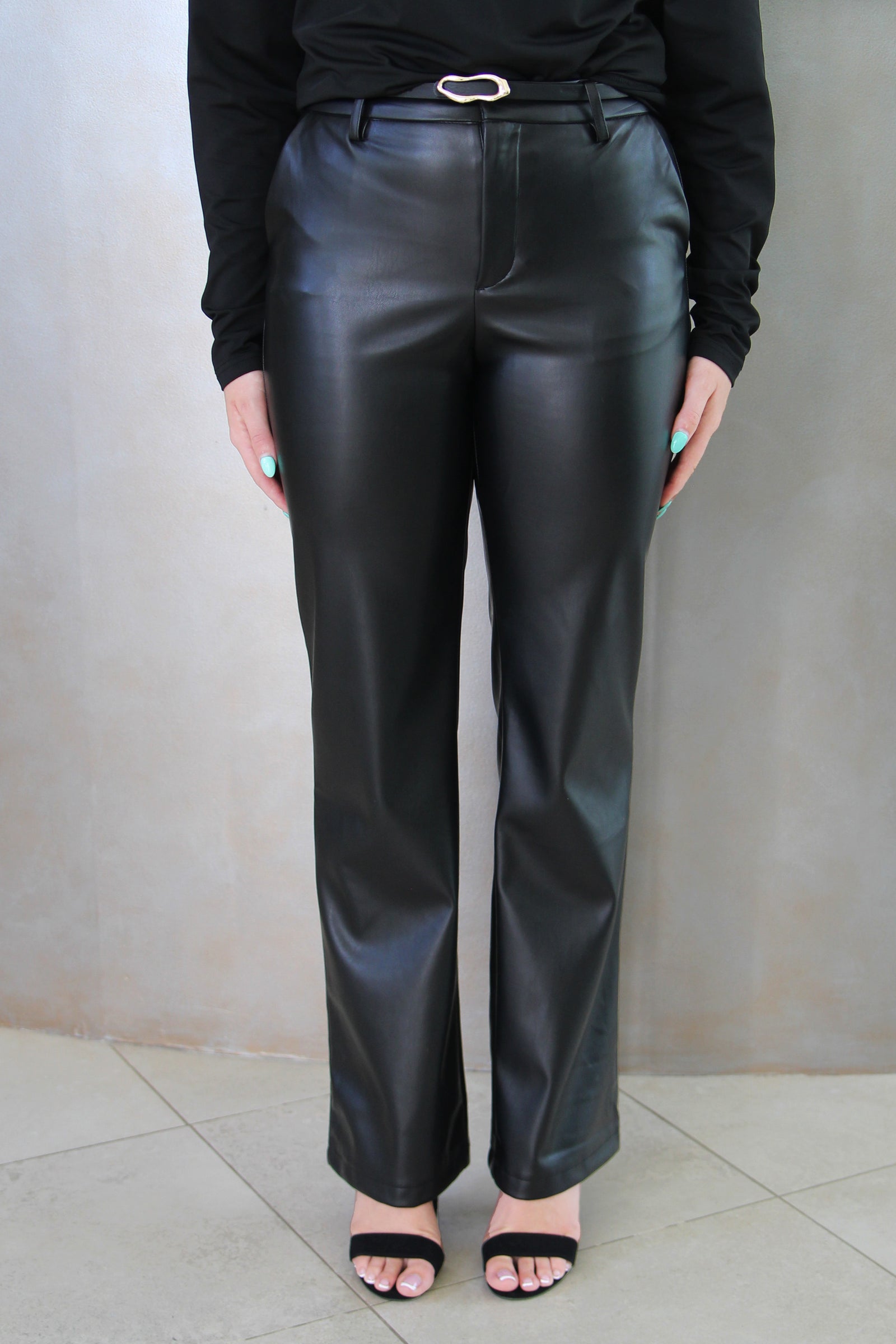 Straight Leg Faux Leather Pants & Belt w/ Gold Buckle