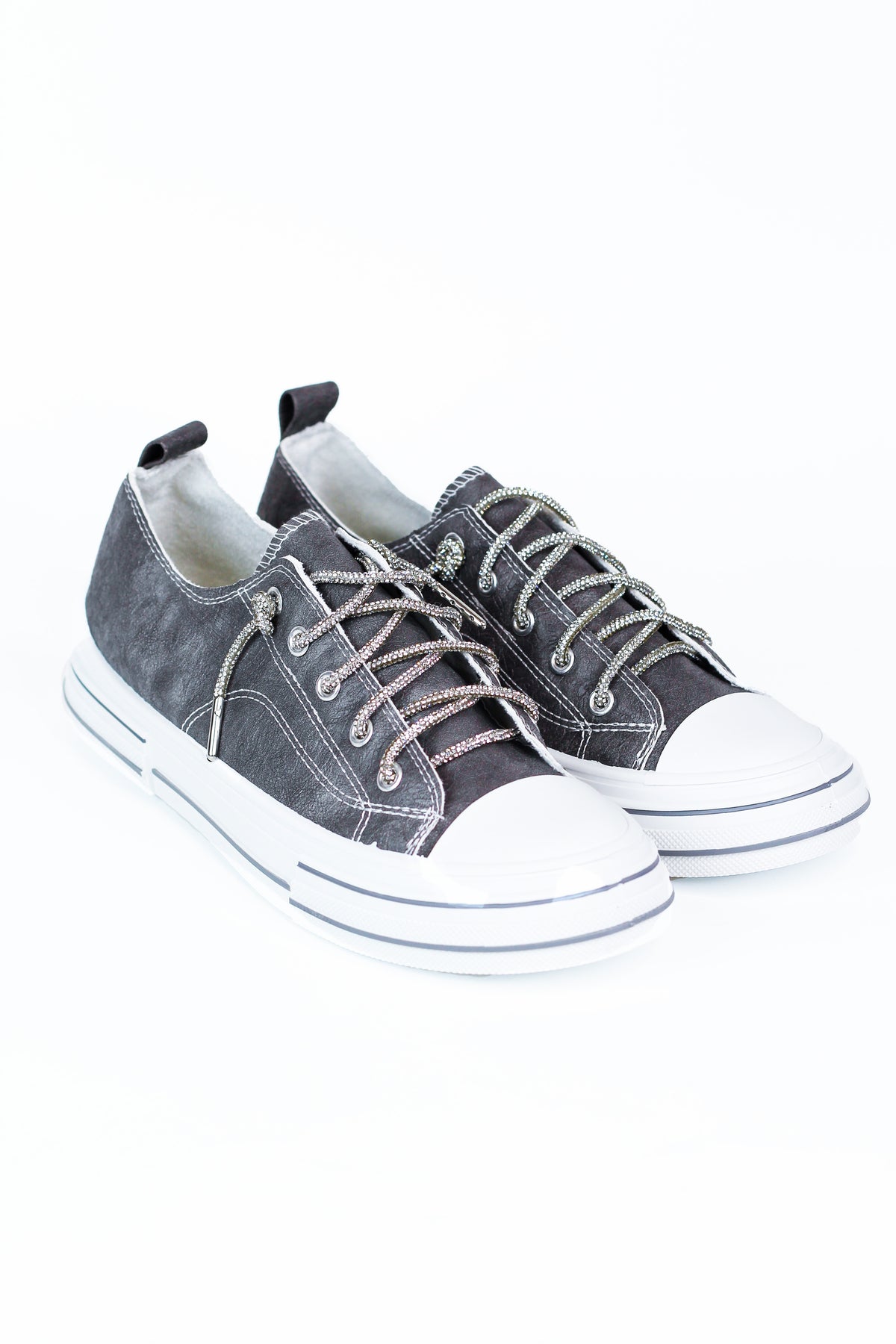 Textured Gray Leather Striped Sole Glitter Lace Sneaker