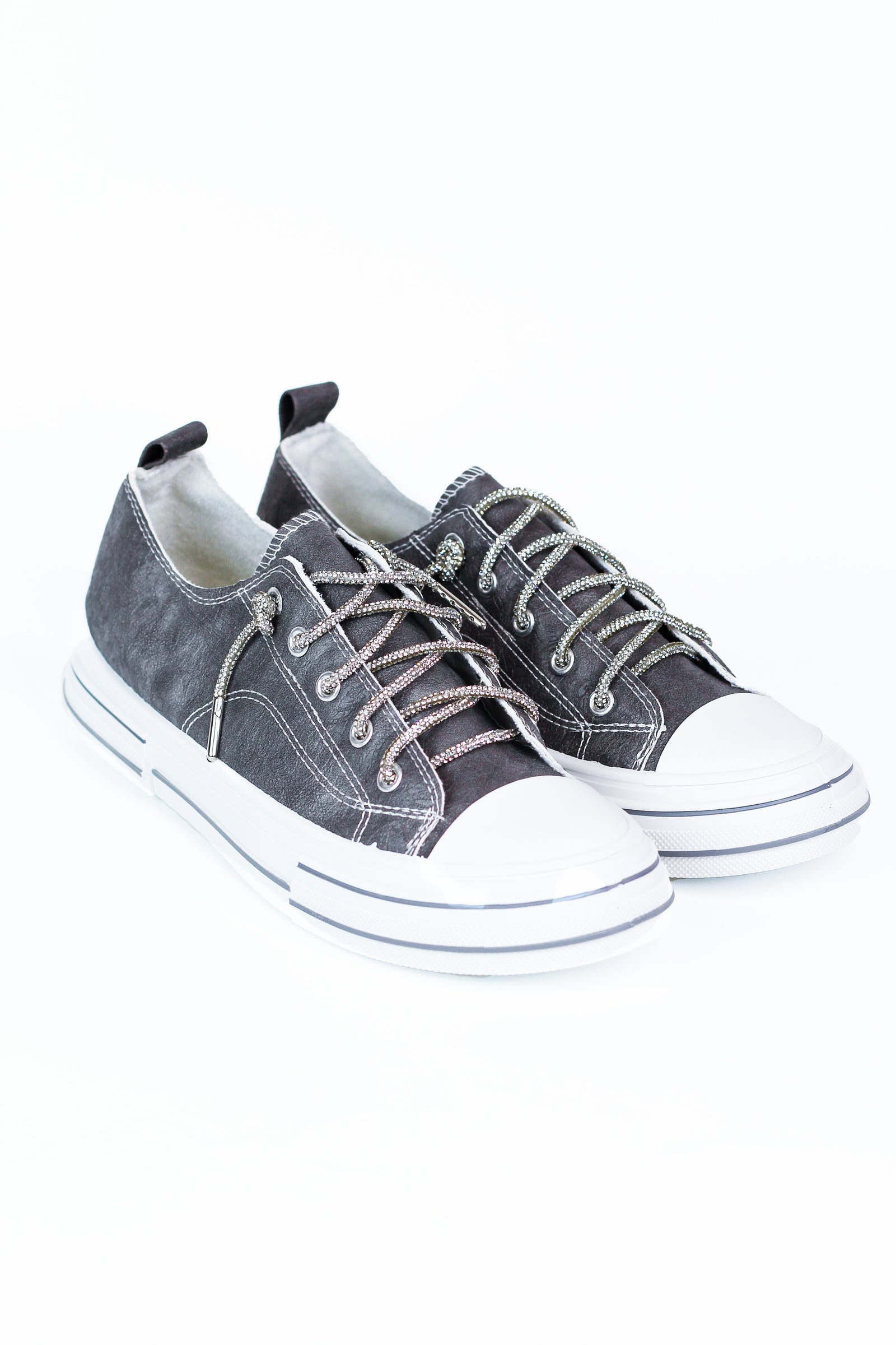 Textured Gray Leather Striped Sole Glitter Lace Sneaker