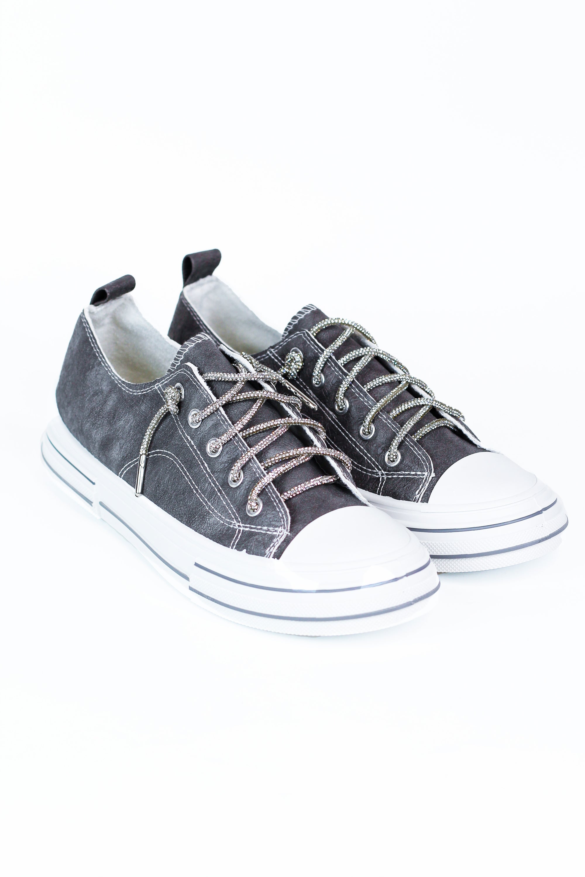 Textured Gray Leather Striped Sole Glitter Lace Sneaker