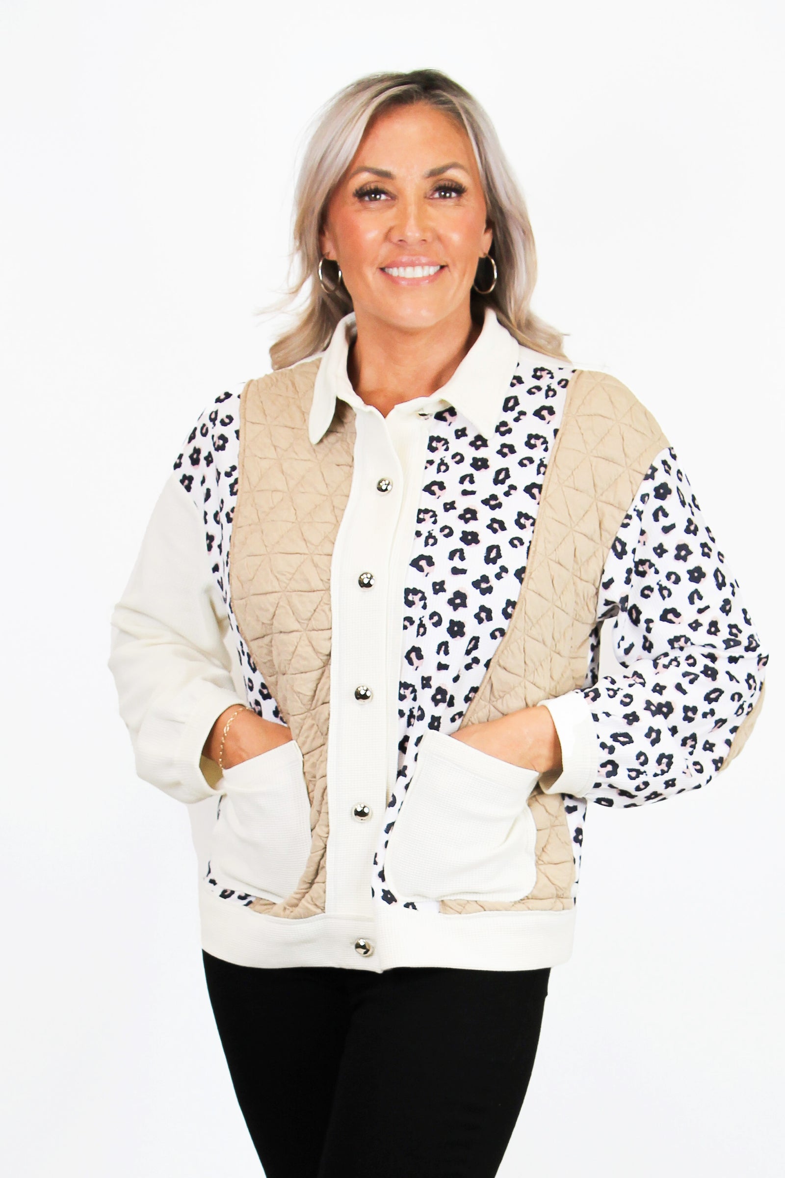 Leopard Waffle Patchwork Button Down Jacket