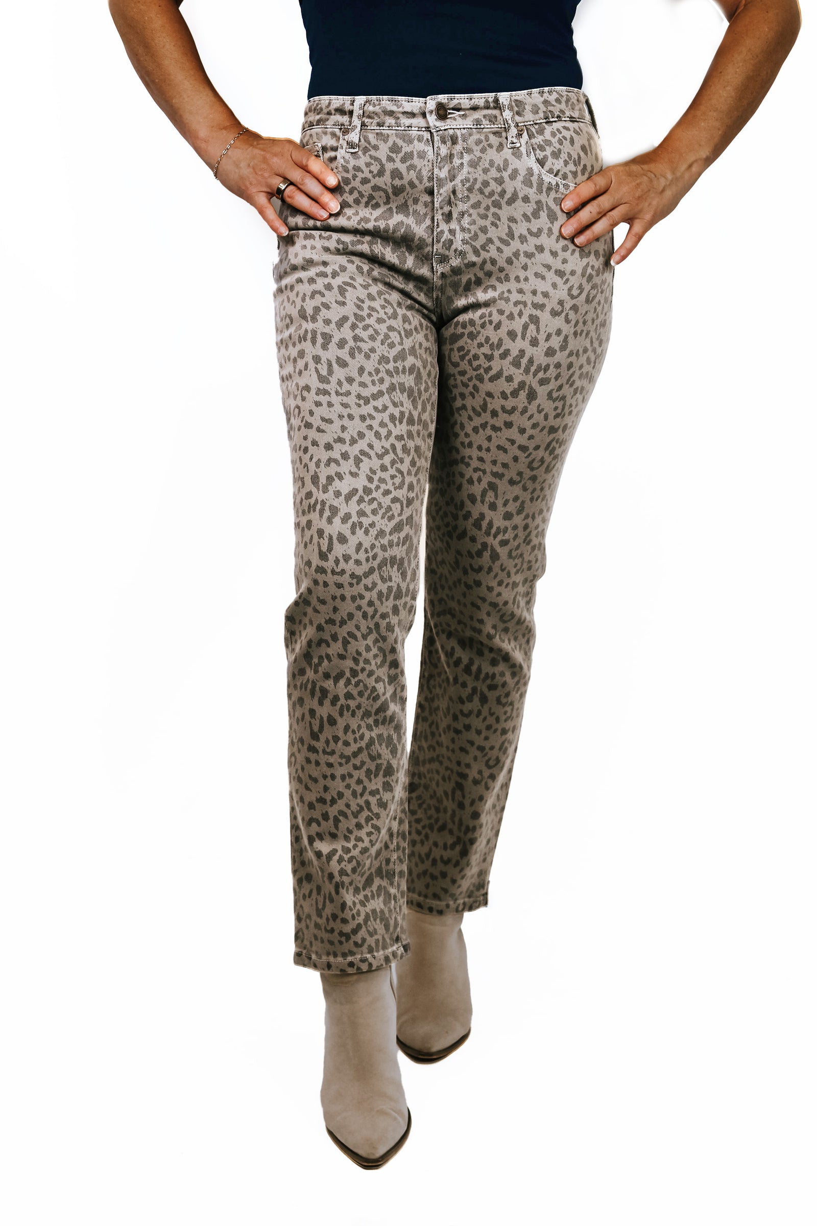 High Rise Leopard Print Straight Leg Jeans