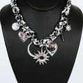 Leopard Fabric & Chain Necklace w/ Sun & Various Pearl Accent Charms
