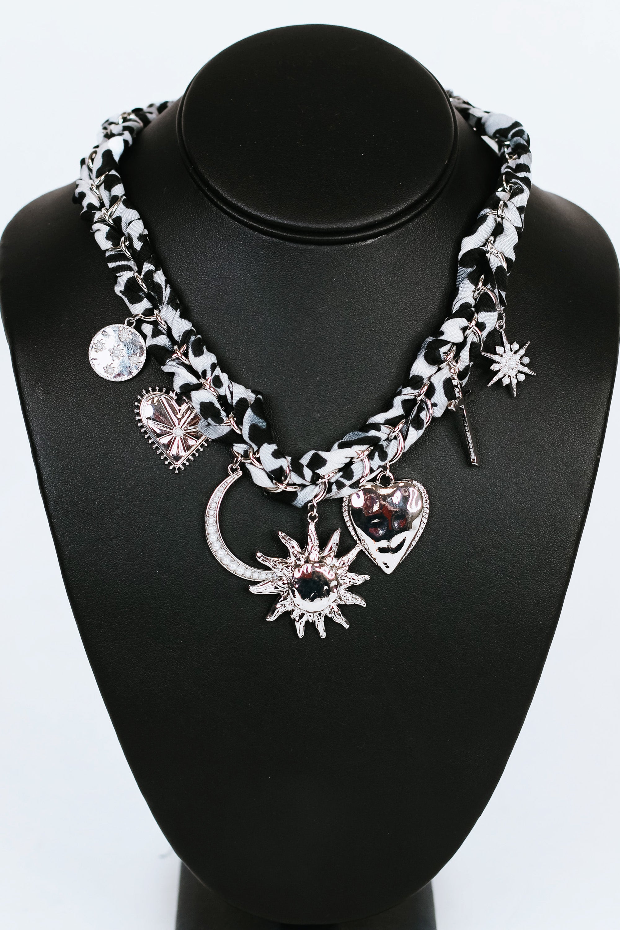 Leopard Fabric & Chain Necklace w/ Sun & Various Pearl Accent Charms
