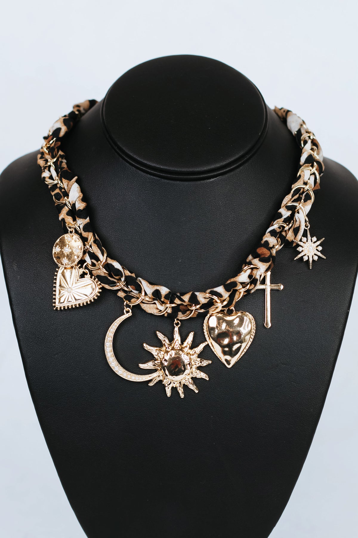 Leopard Fabric & Chain Necklace w/ Sun & Various Pearl Accent Charms