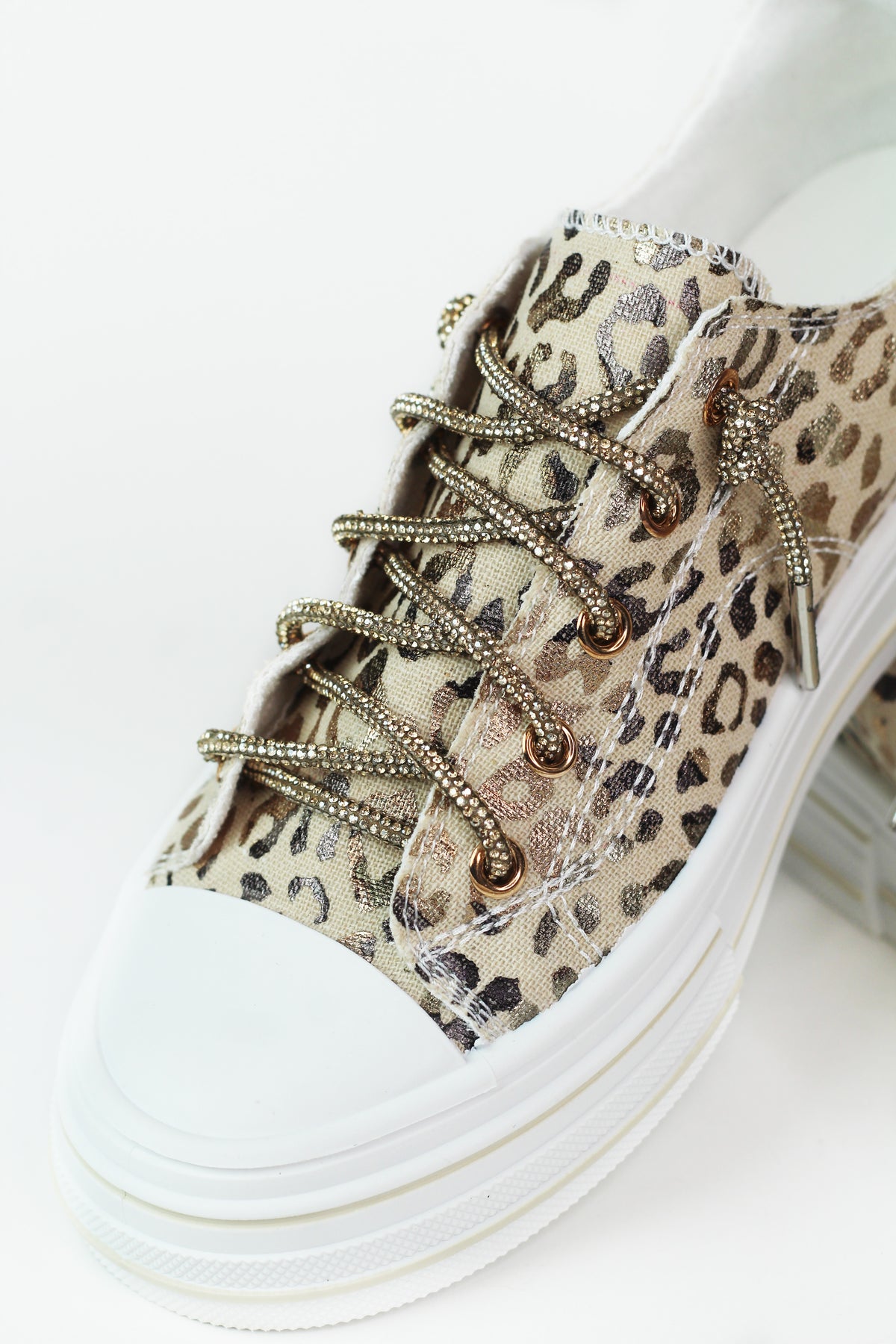 Leopard Canvas Sneakers w/ Rhinestone Shoe Laces