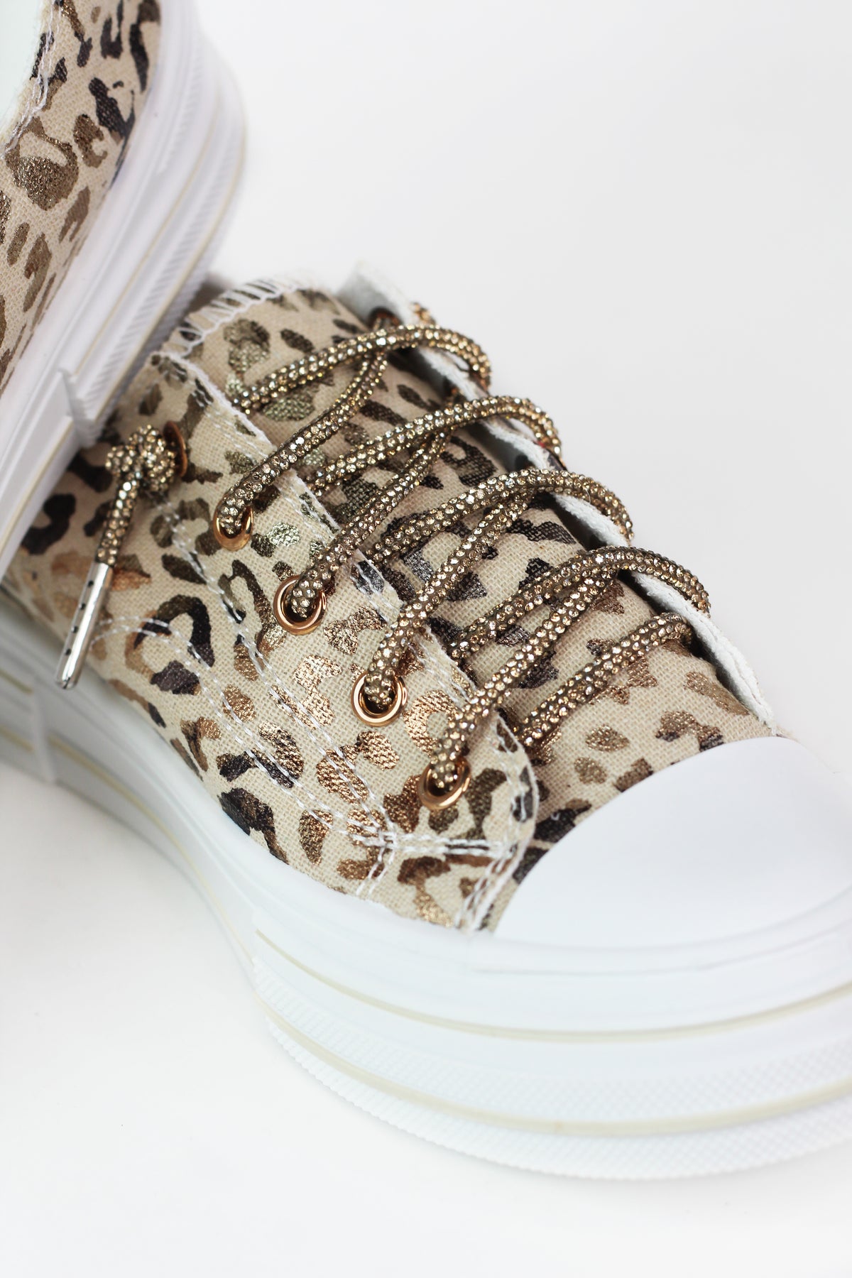 Leopard Canvas Sneakers w/ Rhinestone Shoe Laces