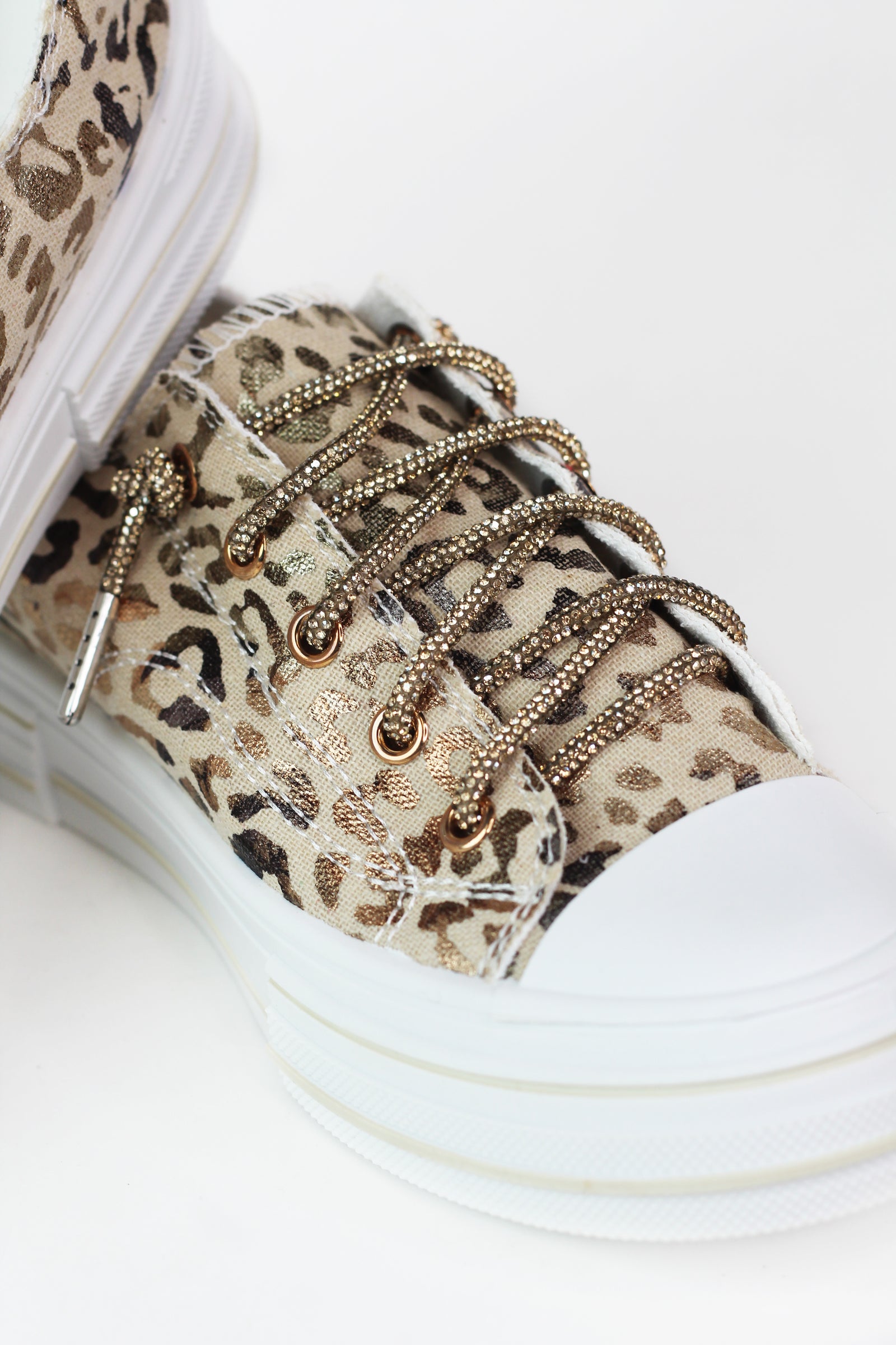 Leopard Canvas Sneakers w/ Rhinestone Shoe Laces