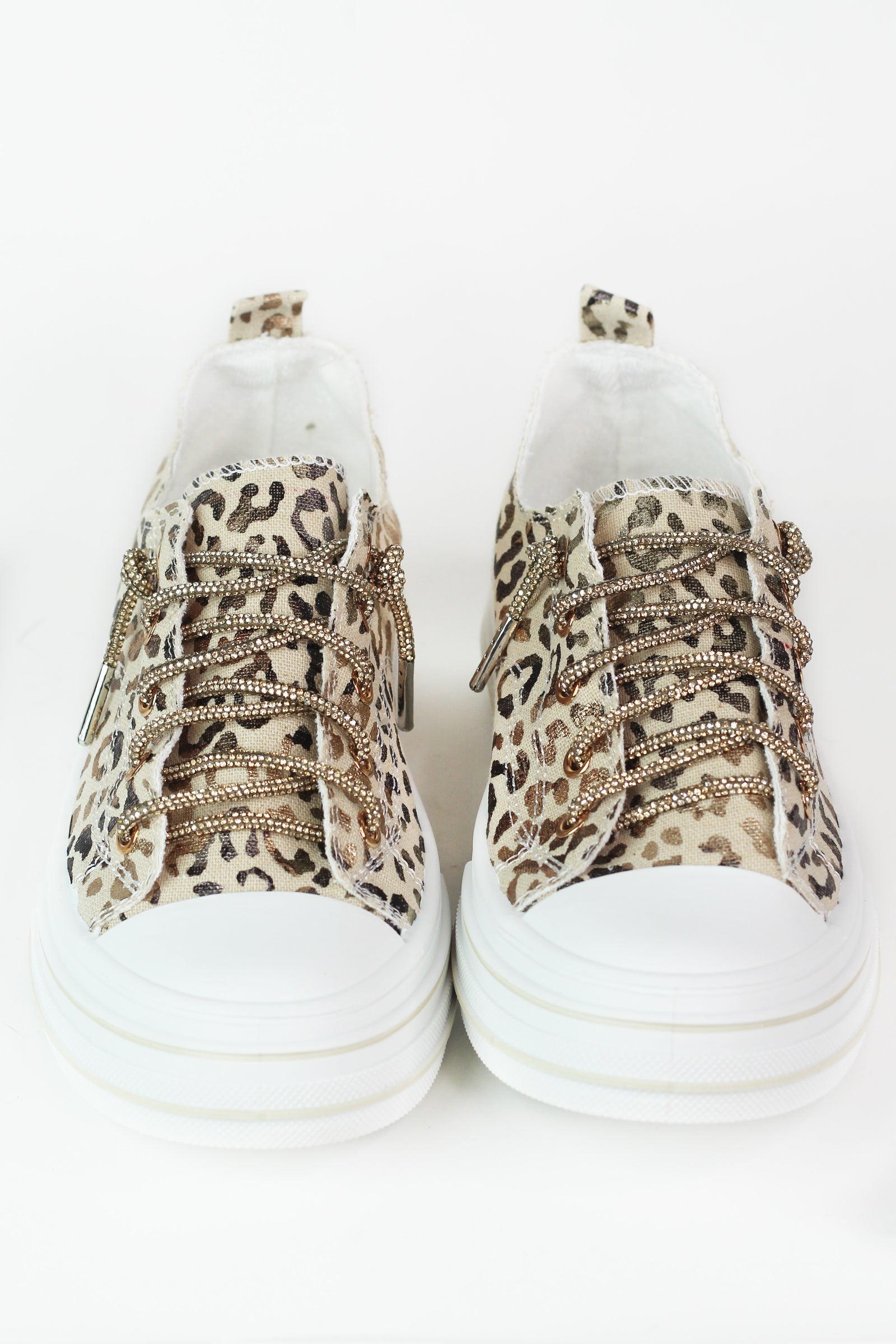 Leopard Canvas Sneakers w/ Rhinestone Shoe Laces