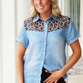 Sandwashed Short Sleeve Top w/ Leopard Print Yoke