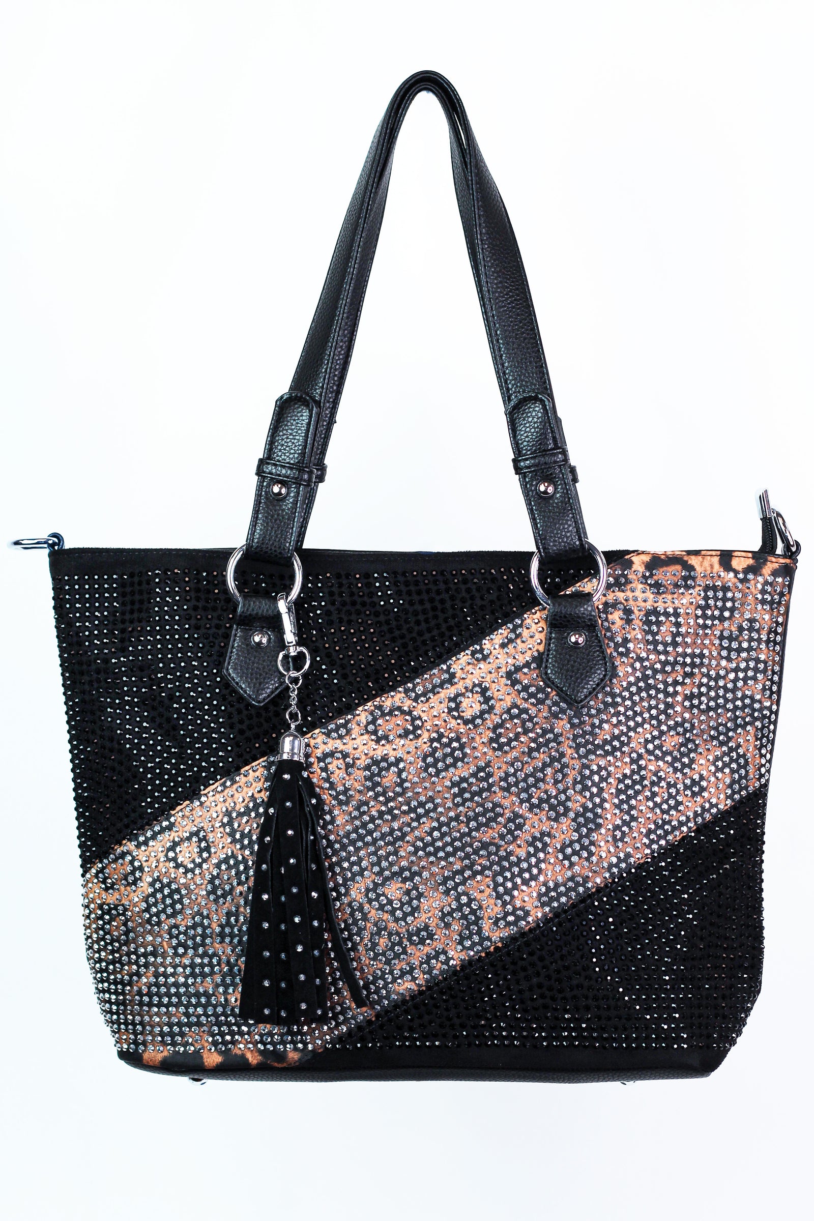 Rhinestone Front Handbag w/ Diagonal Leopard Strip & Tassel