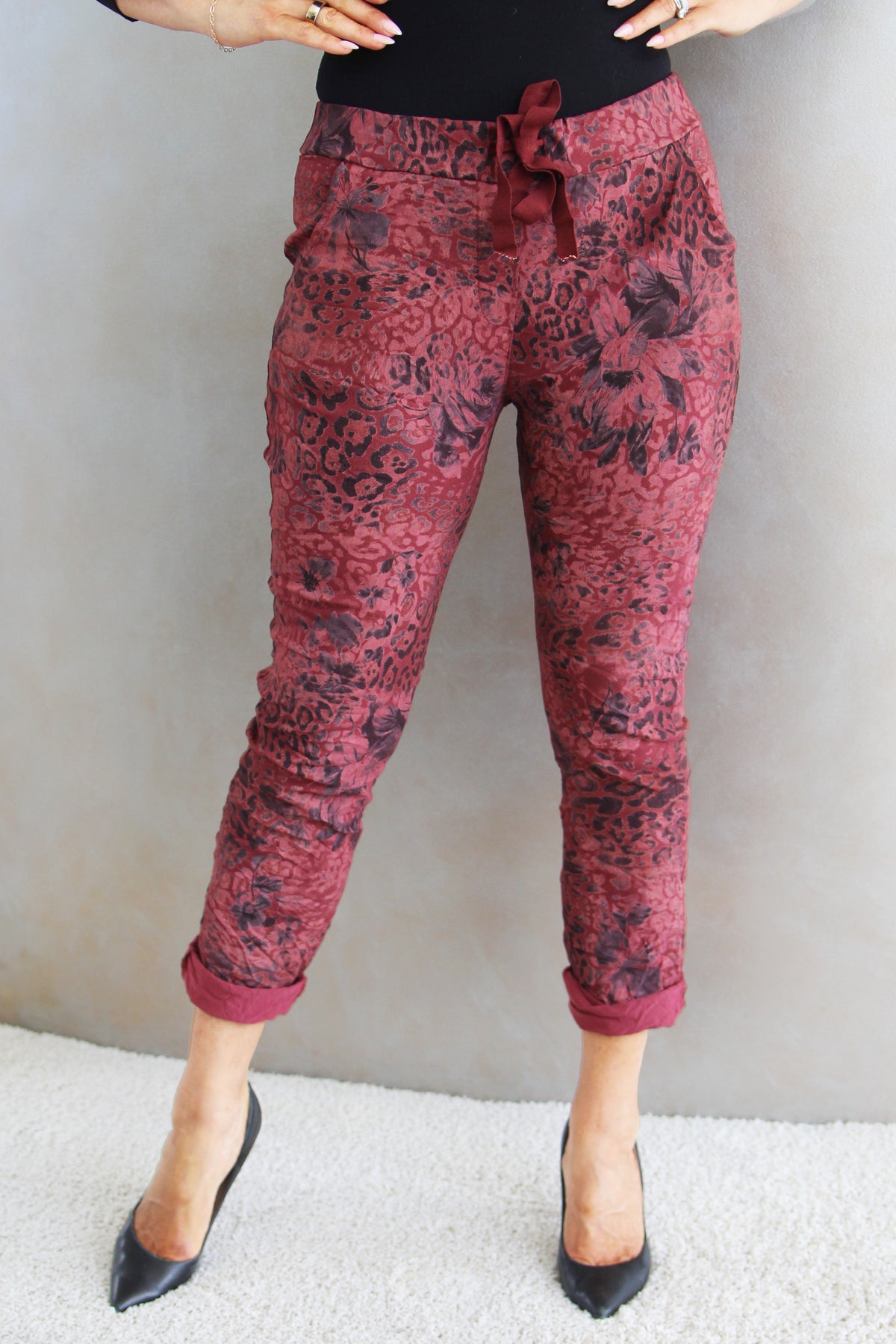 Leopard & Floral Print Crinkle Joggers