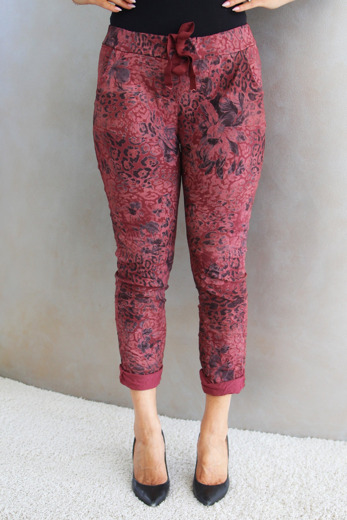Leopard & Floral Print Crinkle Joggers