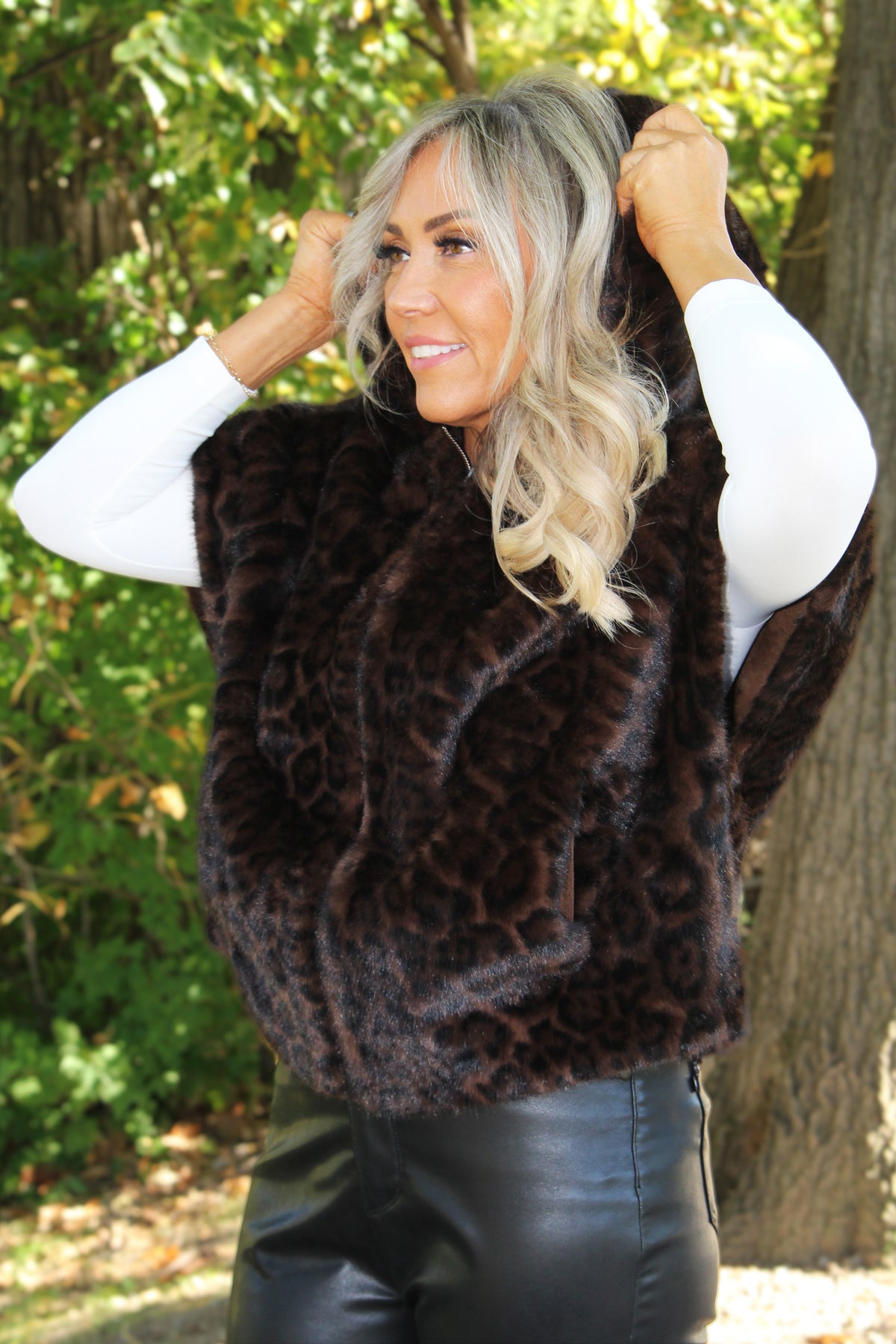Leopard Print Faux Fur Hooded Cape