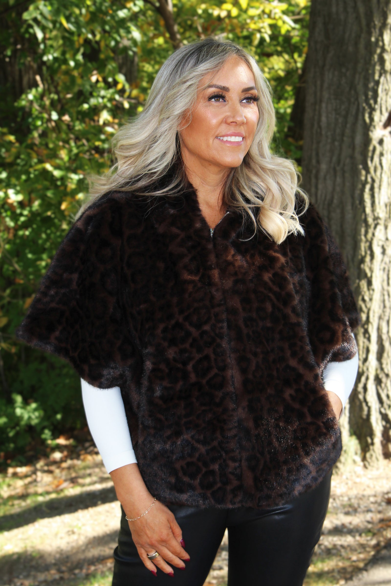 Leopard Print Faux Fur Hooded Cape