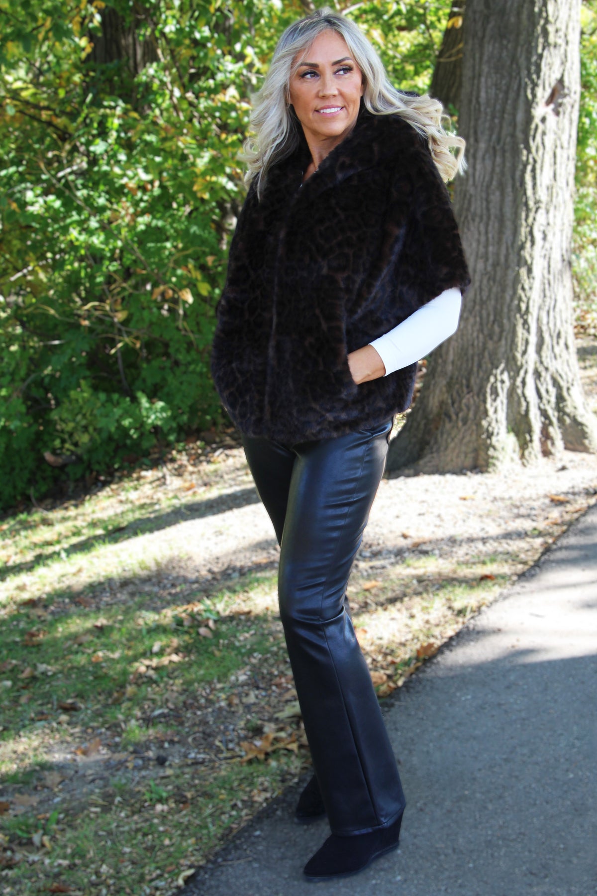 Leopard Print Faux Fur Hooded Cape