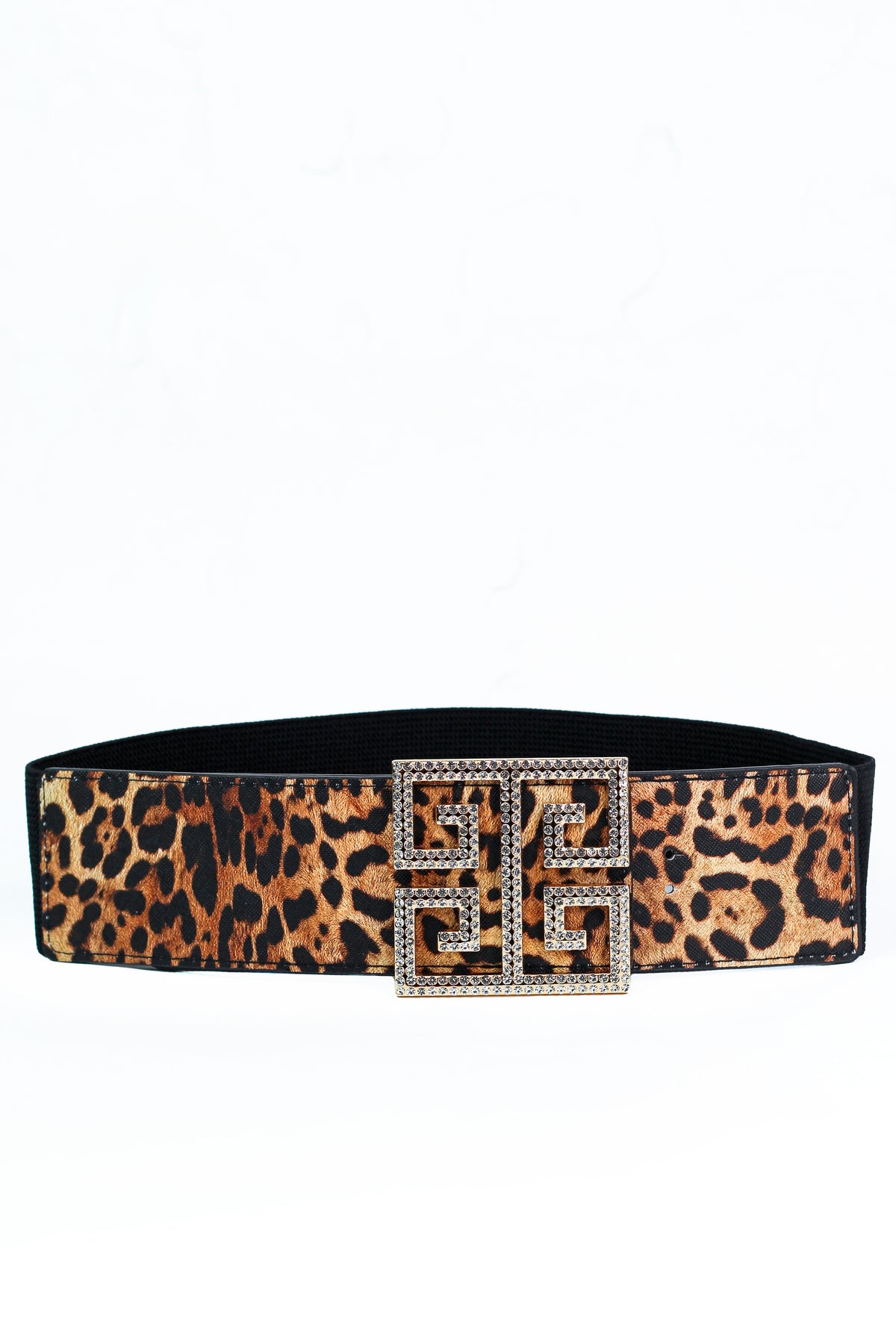 Rhinestone Greek Key Emblem Leopard Belt