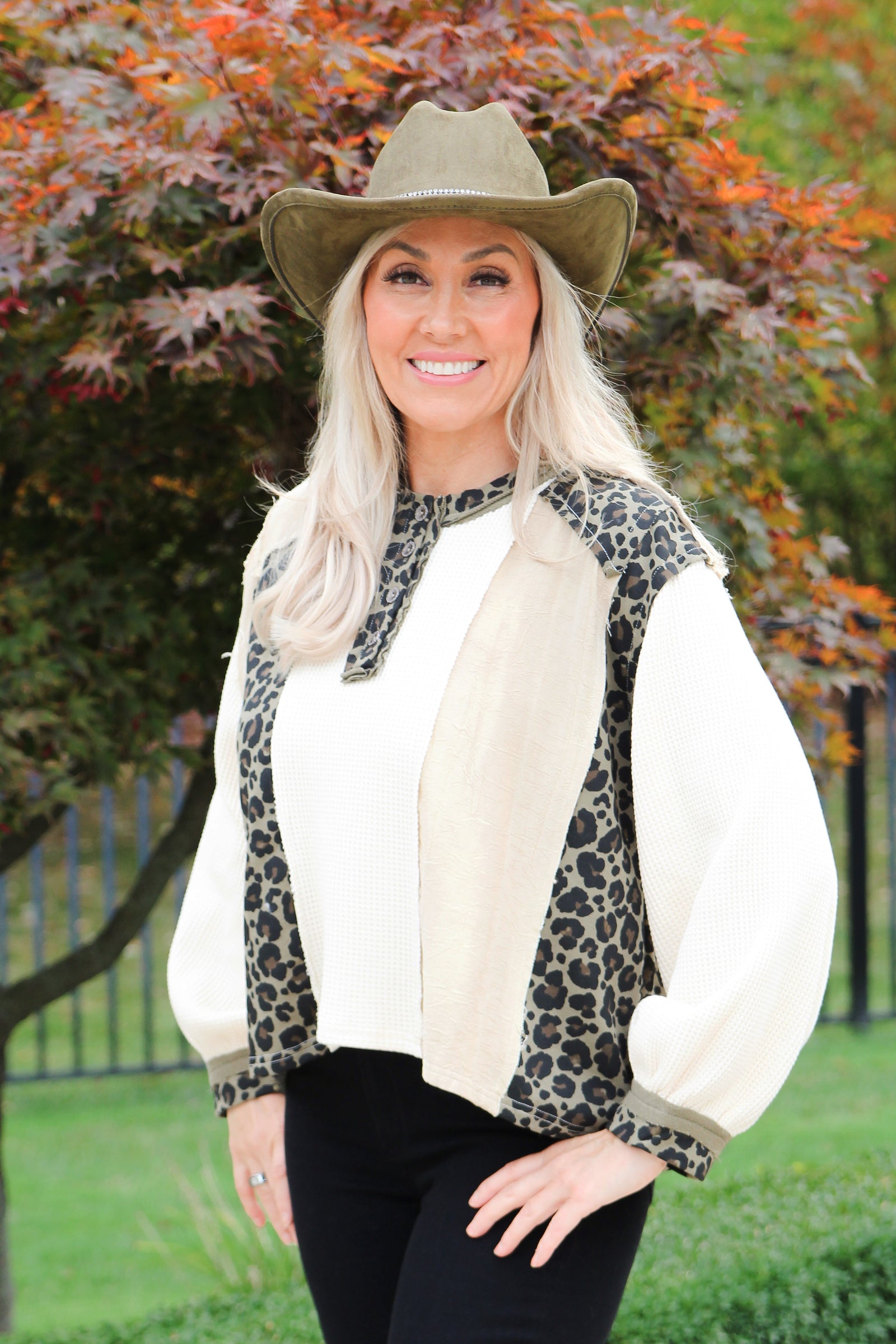 Half Button Thermal Knit Color Blocked Top w/ Leopard Accents