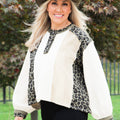 Half Button Thermal Knit Color Blocked Top w/ Leopard Accents