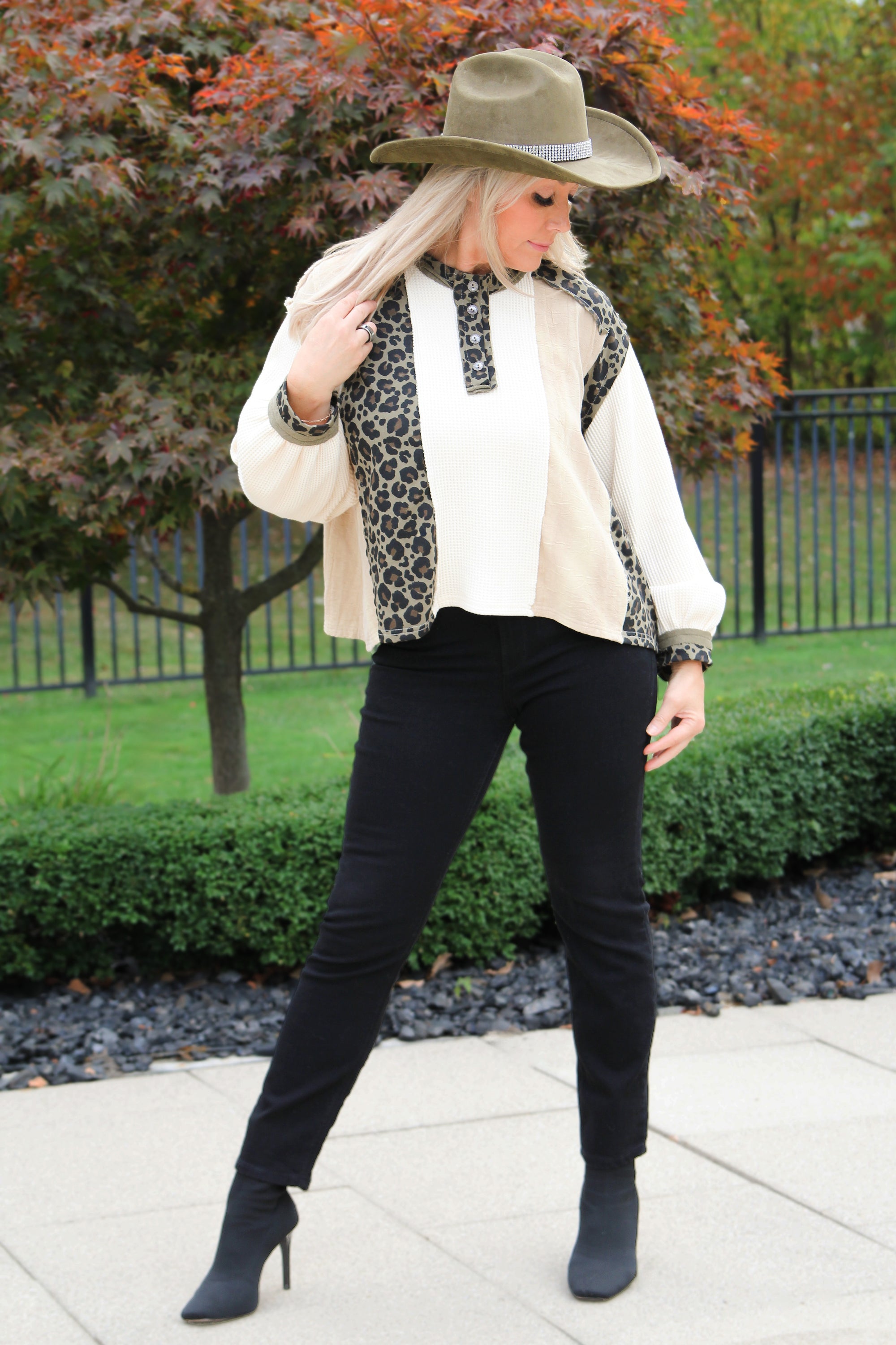 Half Button Thermal Knit Color Blocked Top w/ Leopard Accents