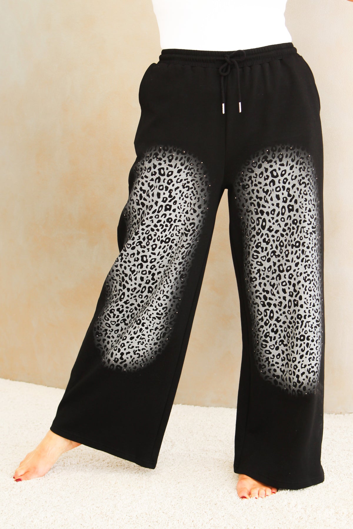 Wide Legged Joggers w/ Leopard Print &amp; Rhinestone Front